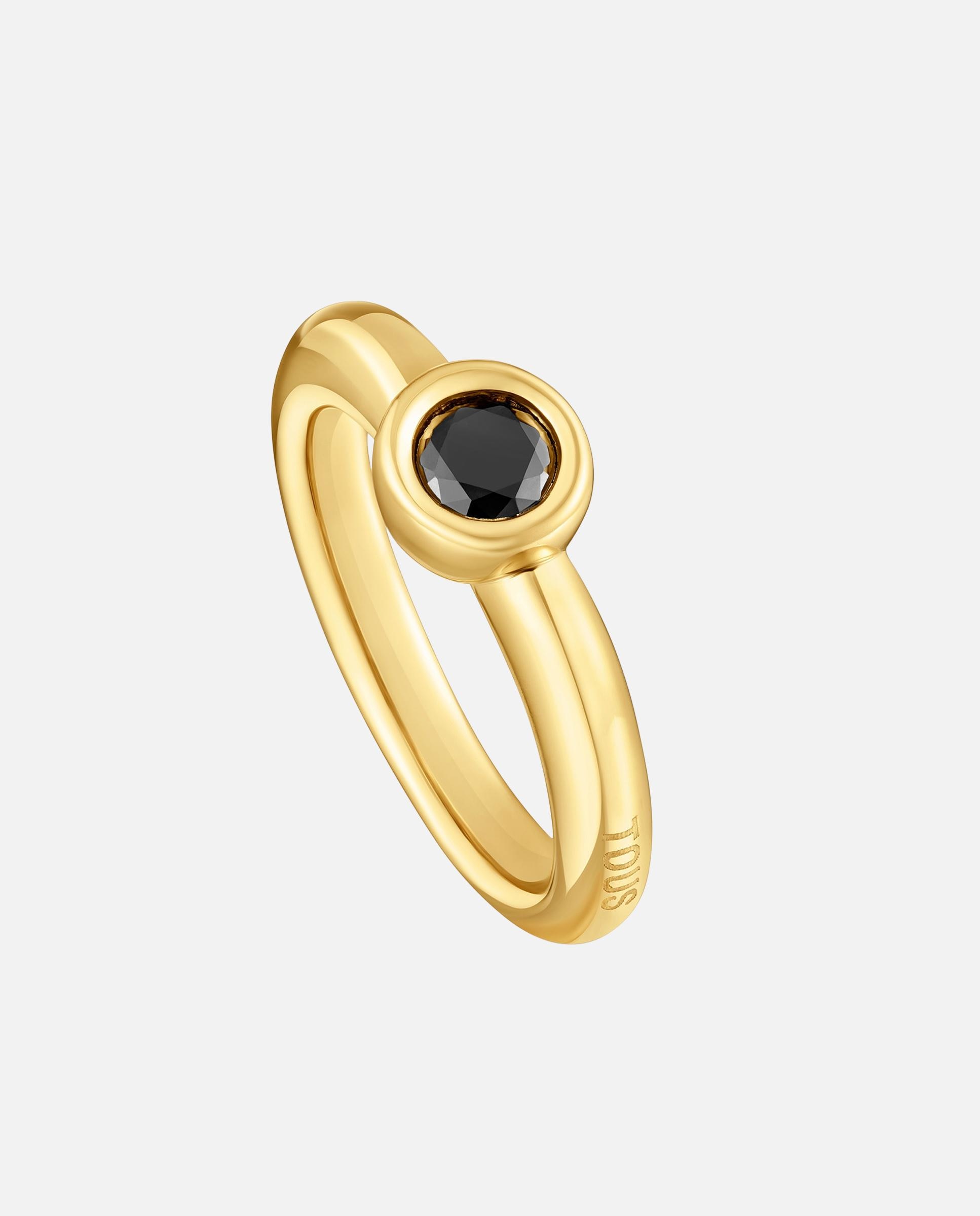 Anel Line Largo Banhado a Ouro 18 Kt Sobre Prata e Espinela Preto-1