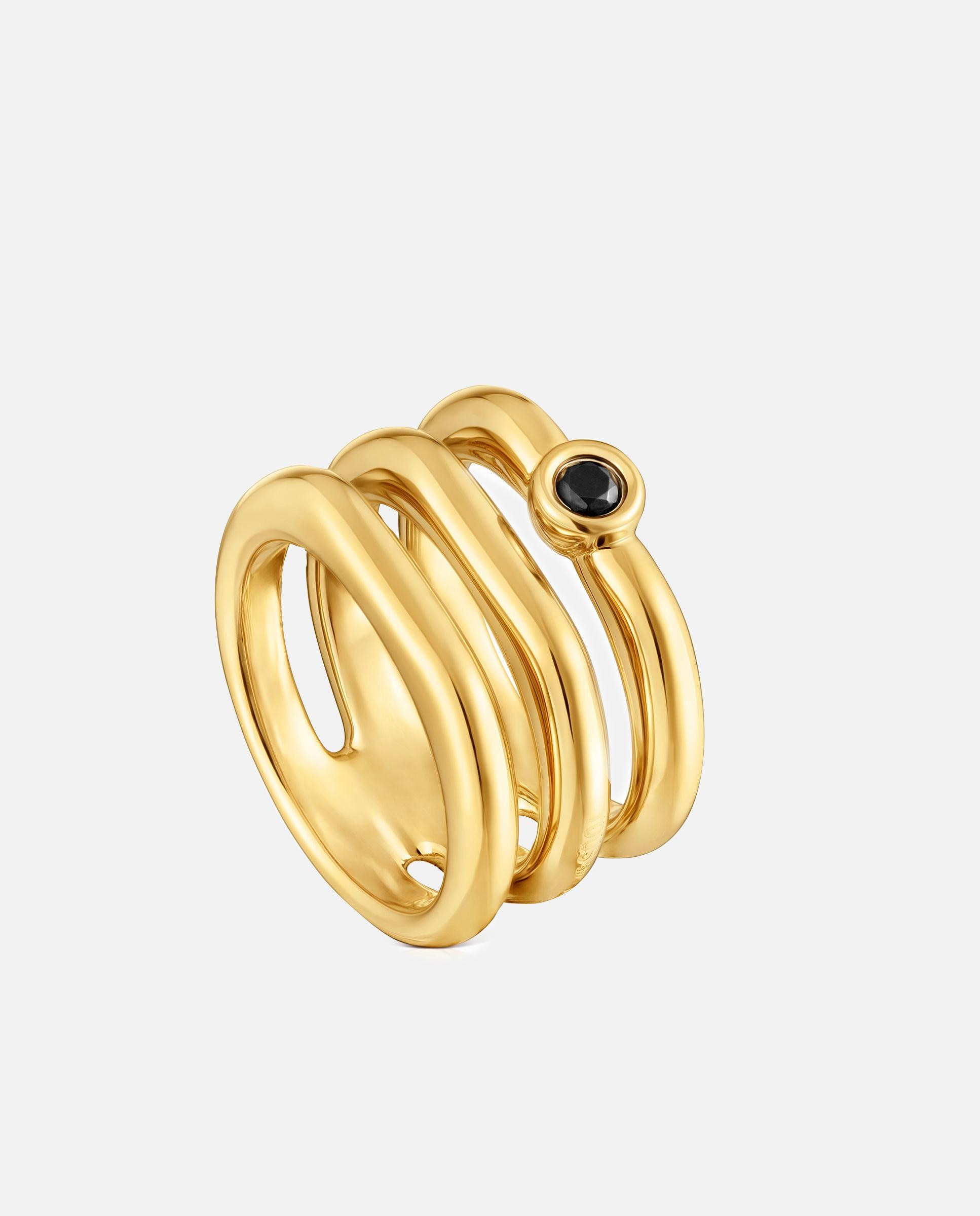 Anel Triplo Line Banhado a Ouro 18 Kt Prateado e Espinela Preto-1