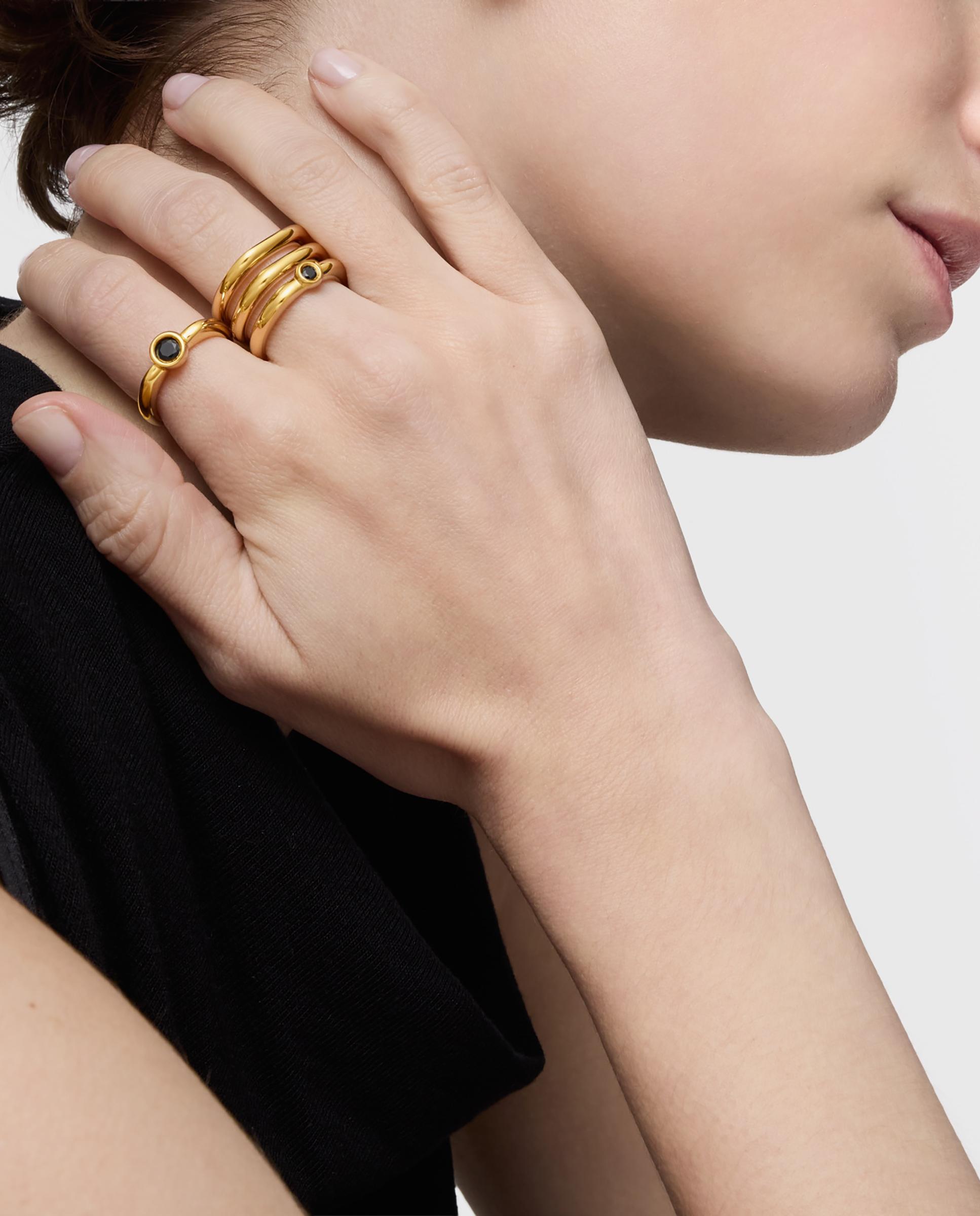 Anel Triplo Line Banhado a Ouro 18 Kt Prateado e Espinela Preto-5