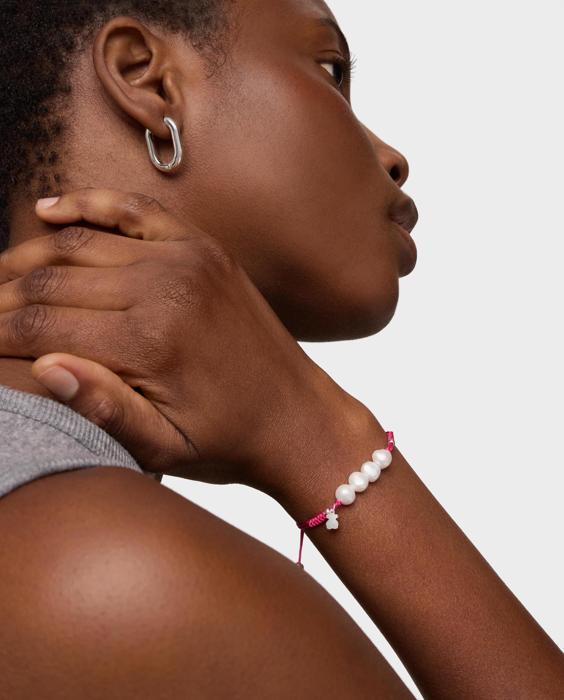 Pulseira de Cordão Fúcsia, Prata e Pérolas Pearls Branco-4
