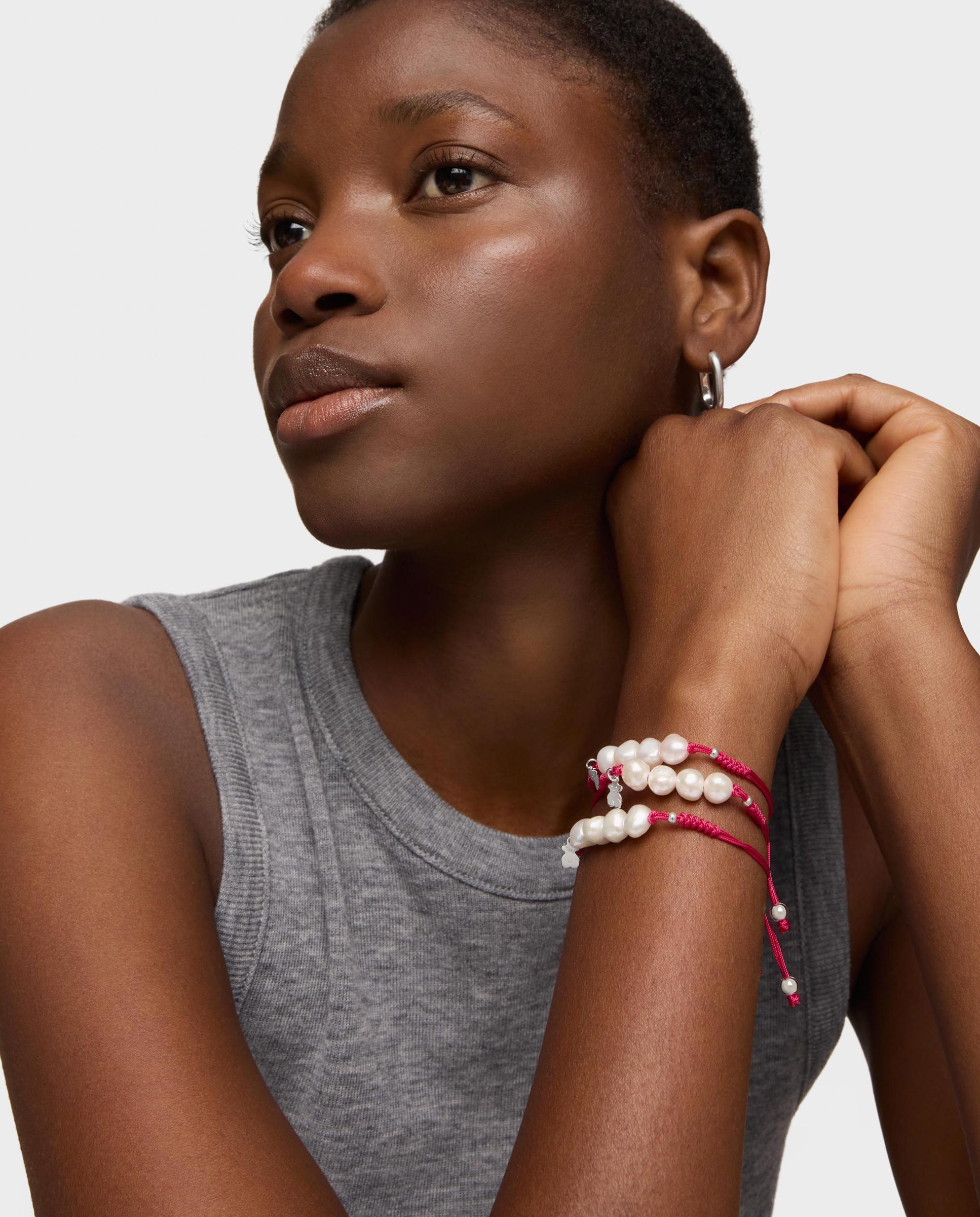 Pulseira de Cordão Fúcsia, Prata e Pérolas Pearls Branco-5