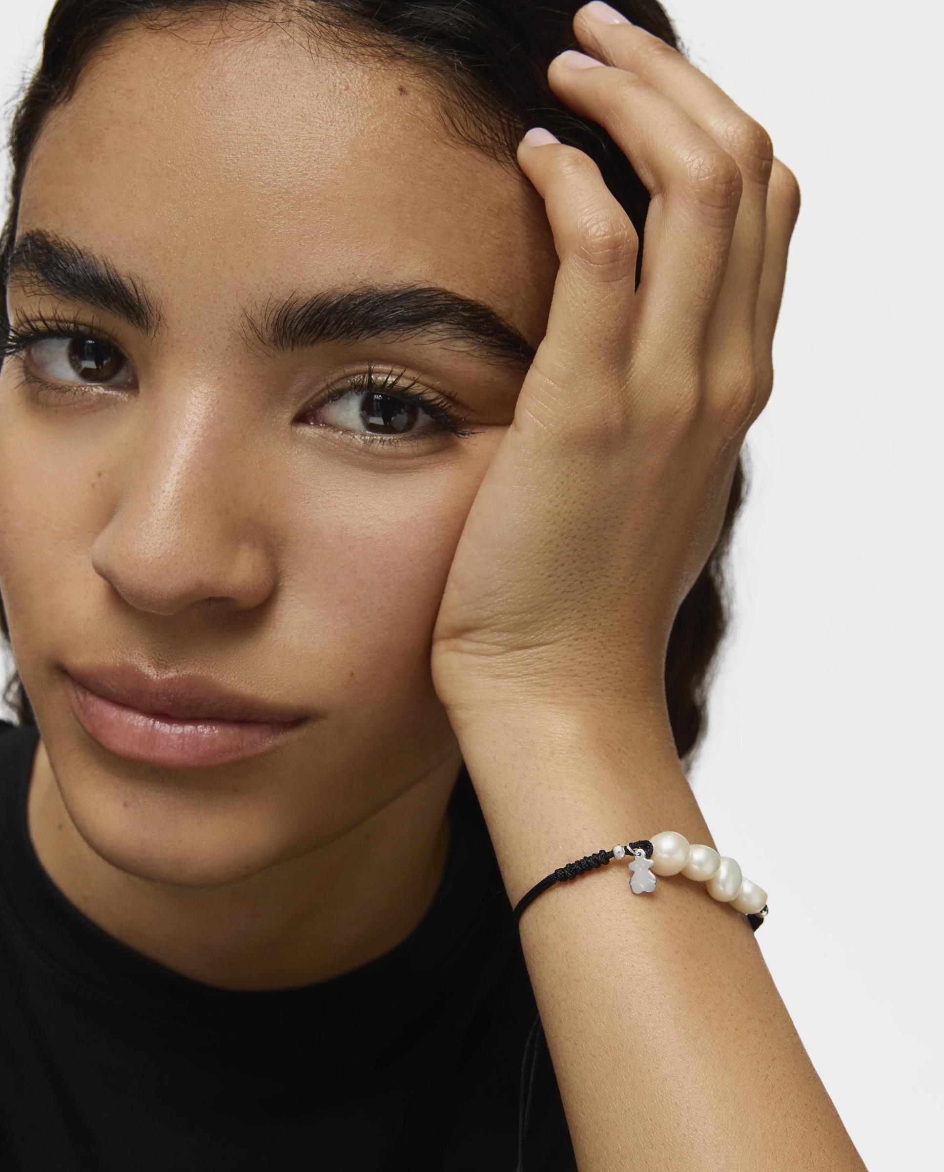 Pulseira de Cordão em Preto, Prata e Pérolas Pearls Branco-4