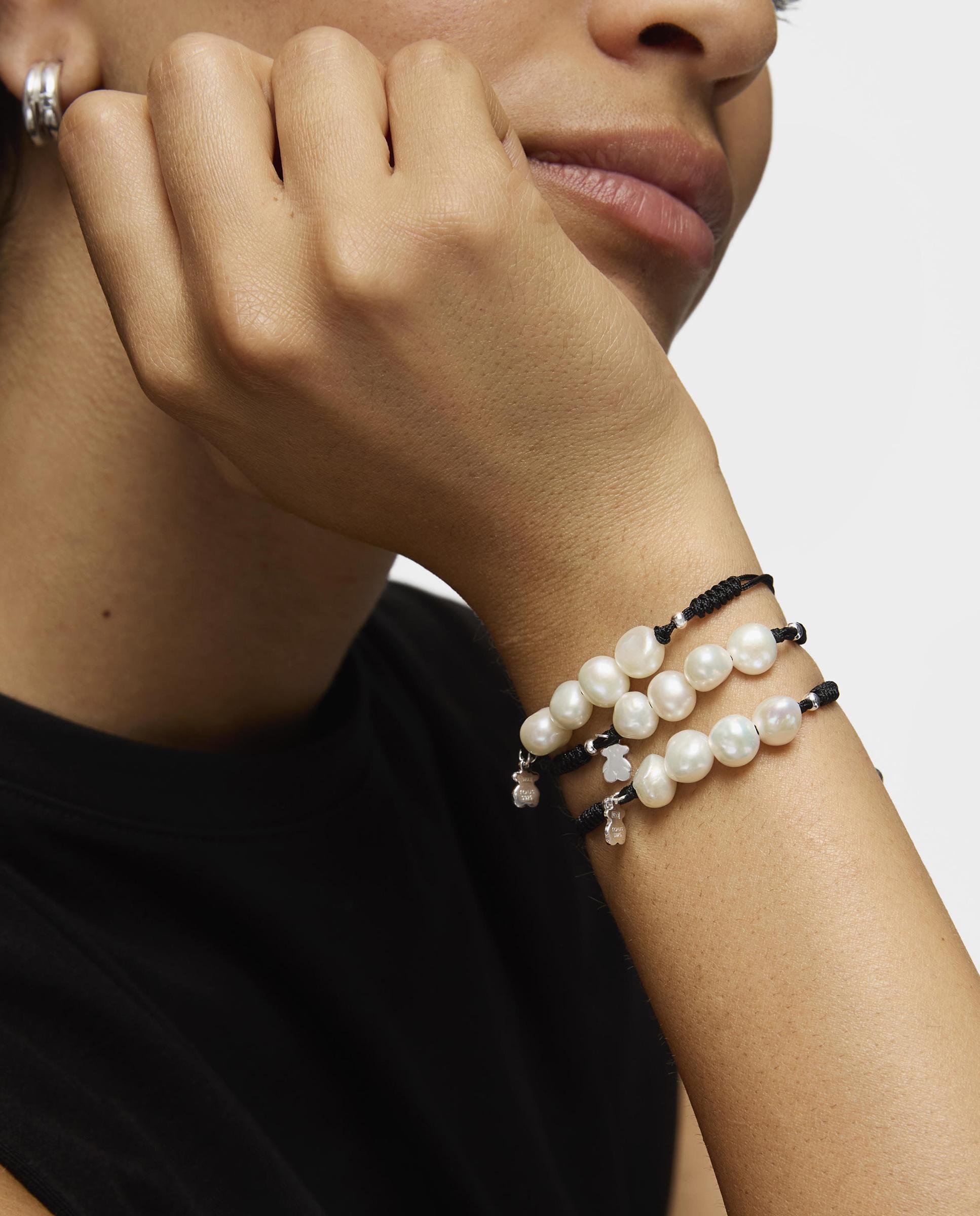 Pulseira de Cordão em Preto, Prata e Pérolas Pearls Branco-5