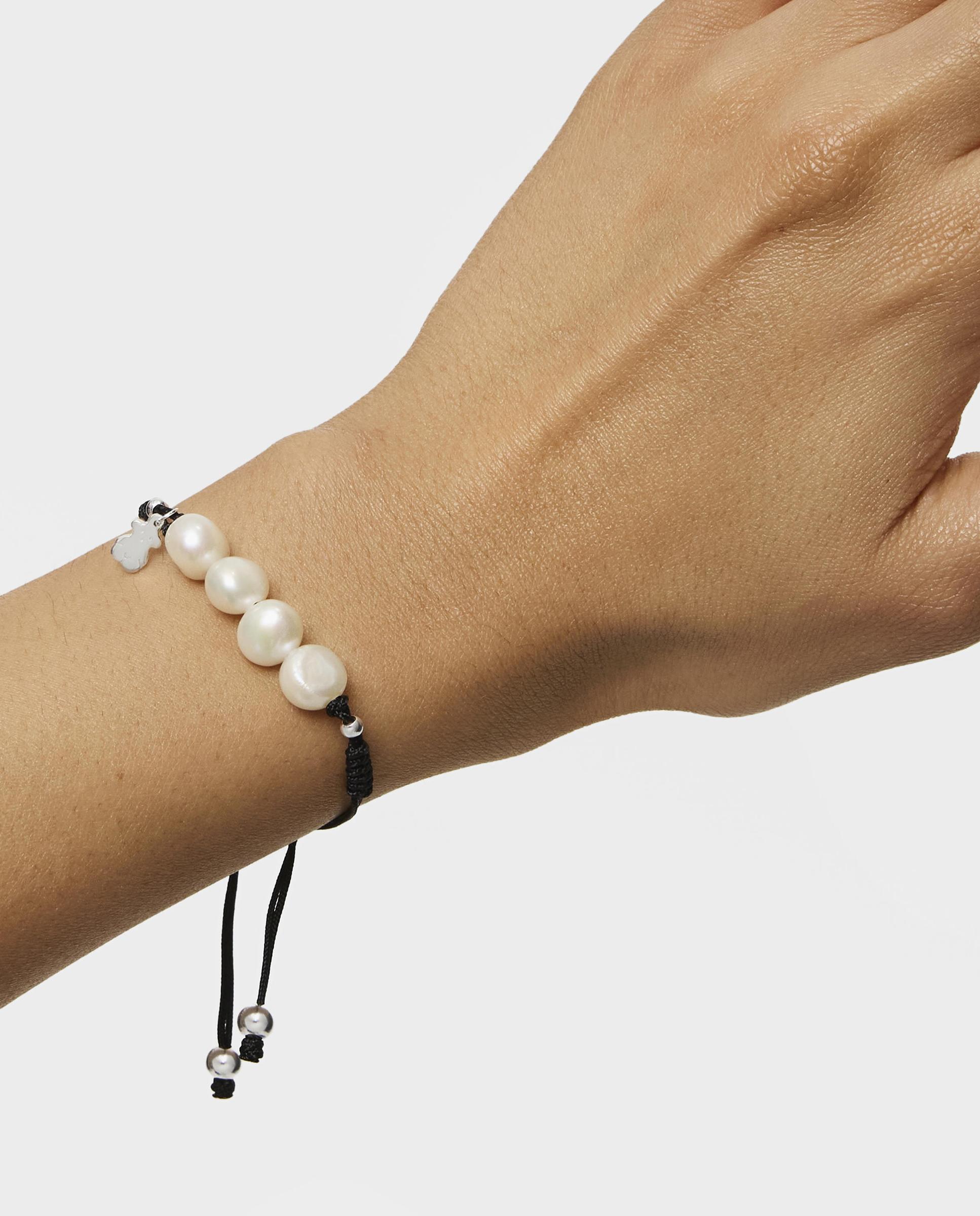 Pulseira de Cordão em Preto, Prata e Pérolas Pearls Branco-6