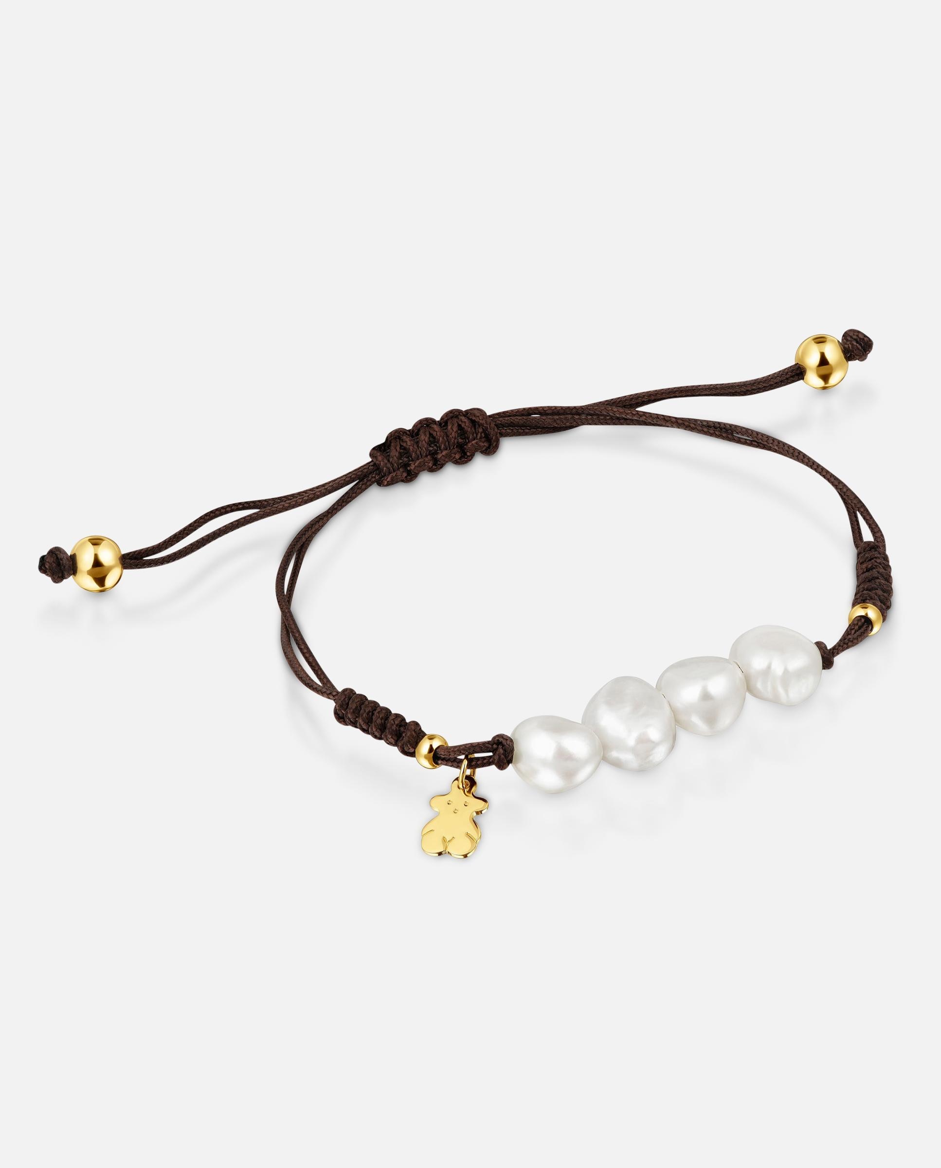 Imagem 0 de Pulseira de Cordão em Castanho com Banho de Ouro 18 Kt Sobre Prata e Pérolas Cultivadas com Nós