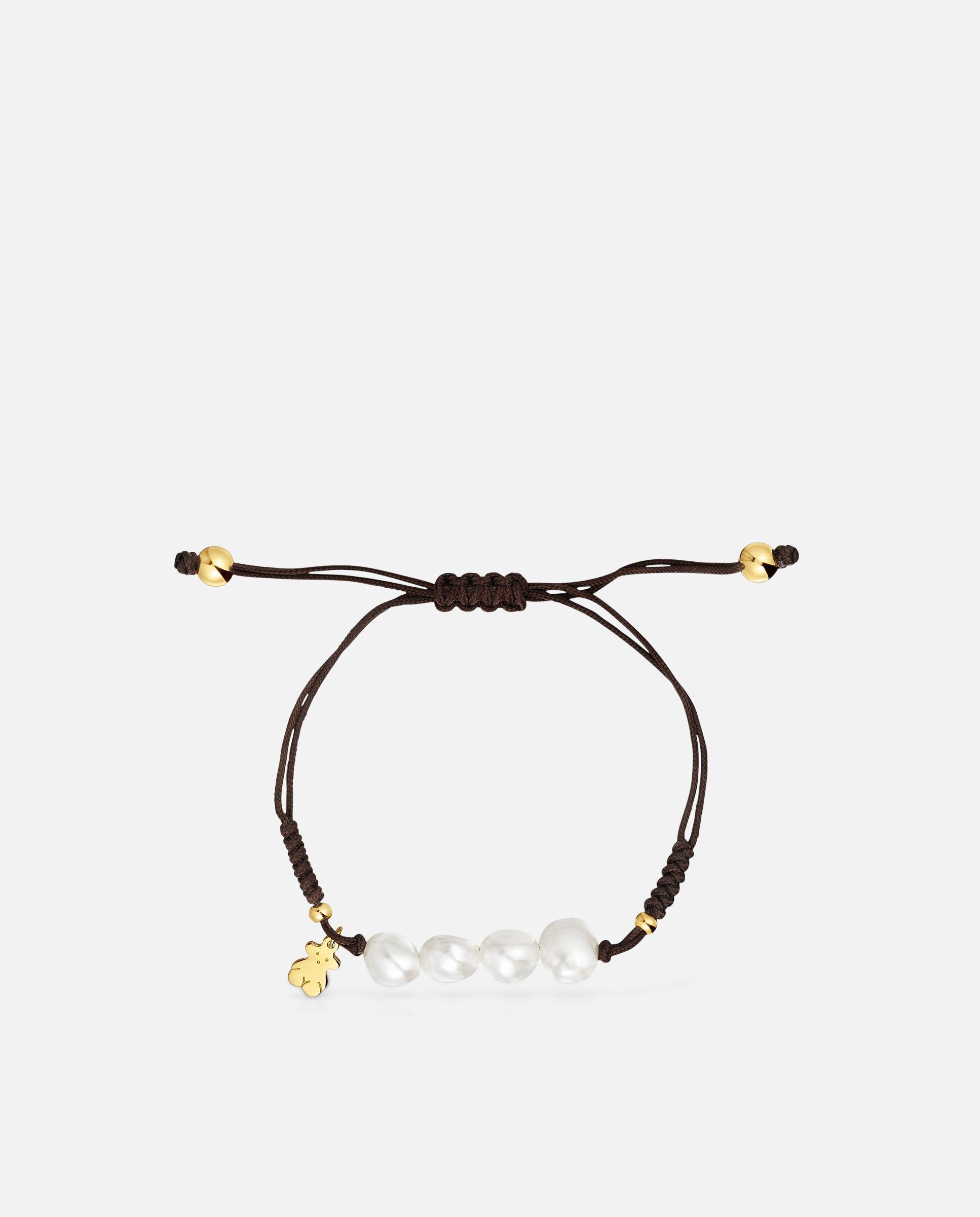 Pulseira de Cordão Castanho com Banho de Ouro 18 Kt Sobre Prata e Pérolas Cultivadas com Nós Branco-2