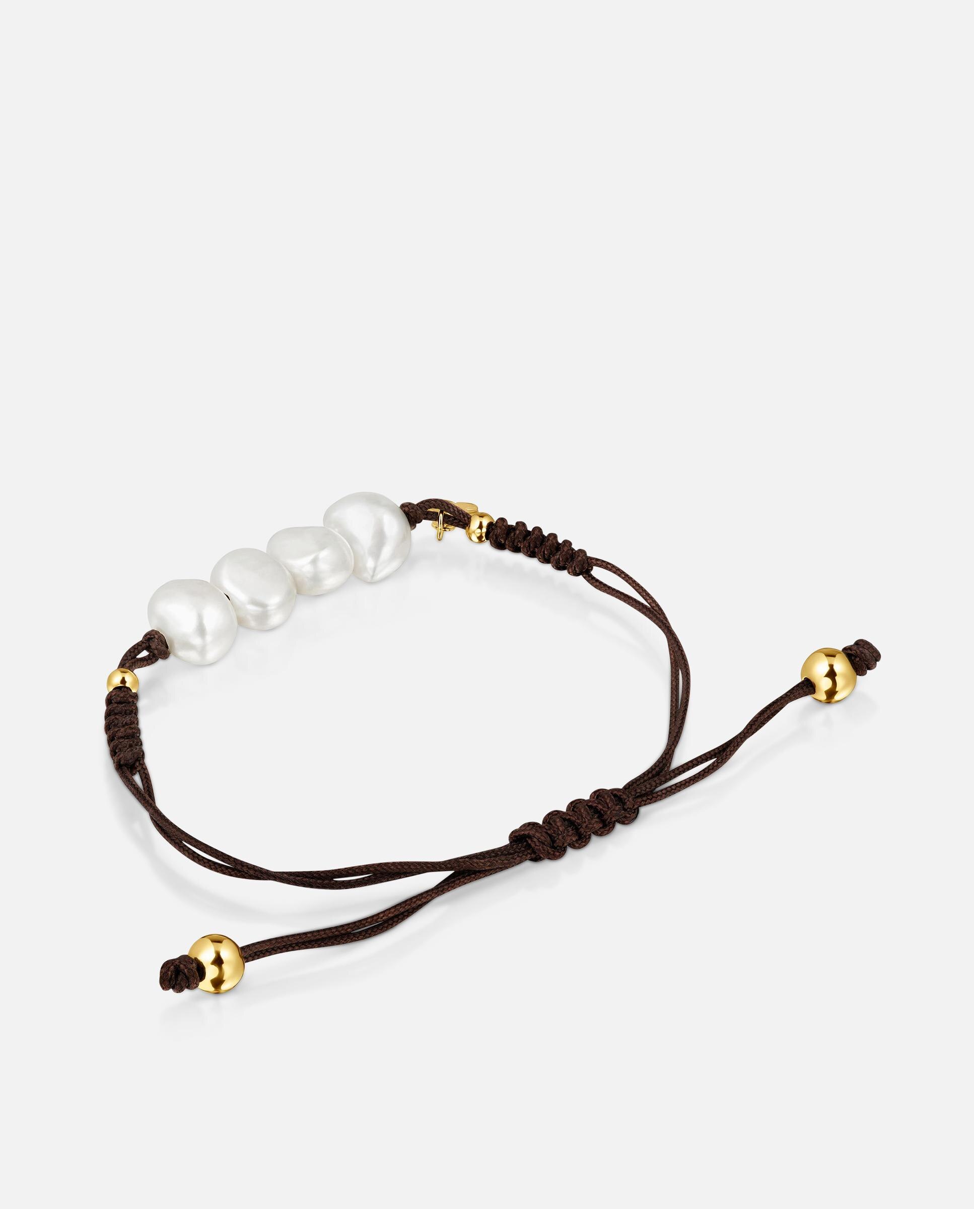 Pulseira de Cordão Castanho com Banho de Ouro 18 Kt Sobre Prata e Pérolas Cultivadas com Nós Branco-3