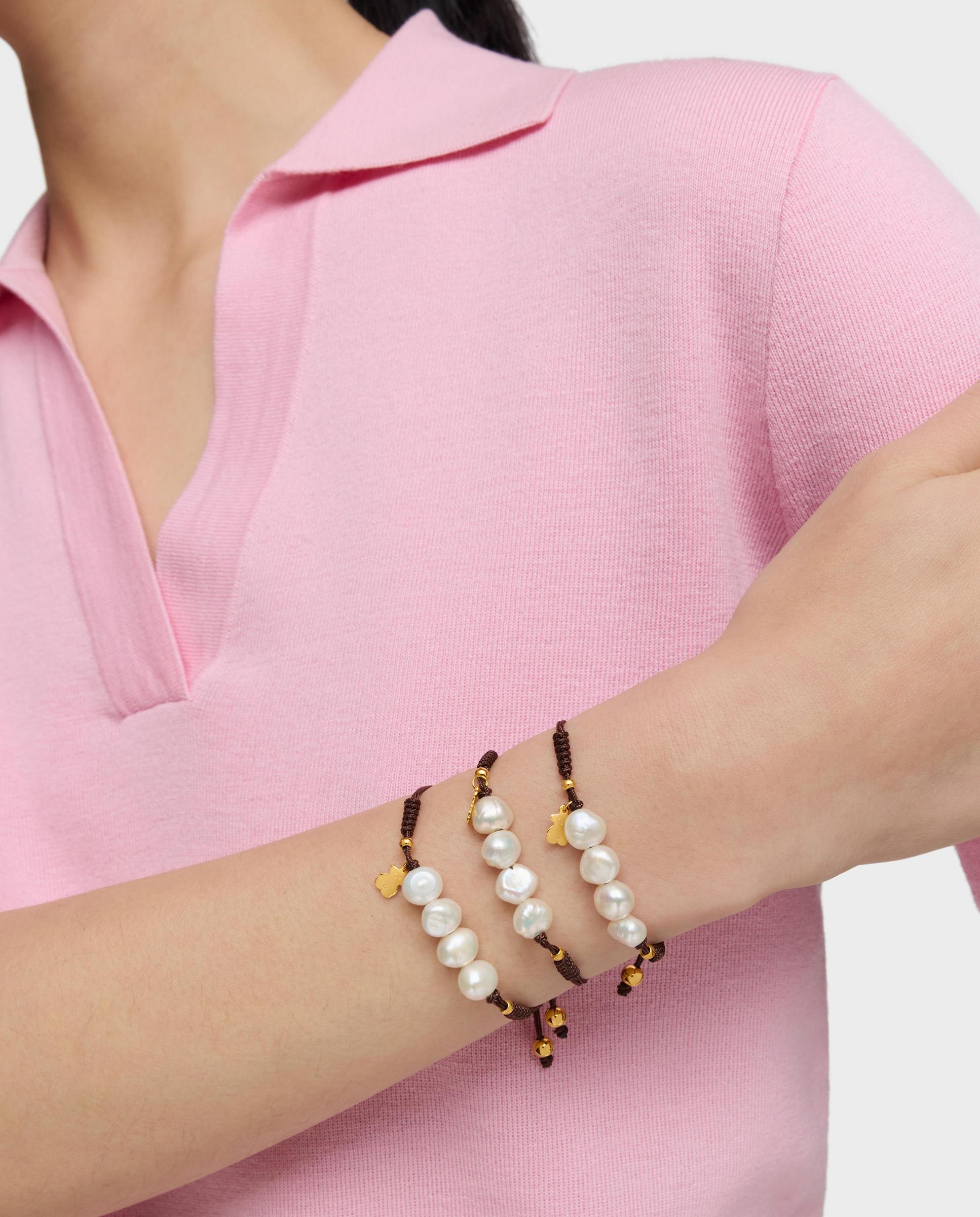 Pulseira de Cordão Castanho com Banho de Ouro 18 Kt Sobre Prata e Pérolas Cultivadas com Nós Branco-5