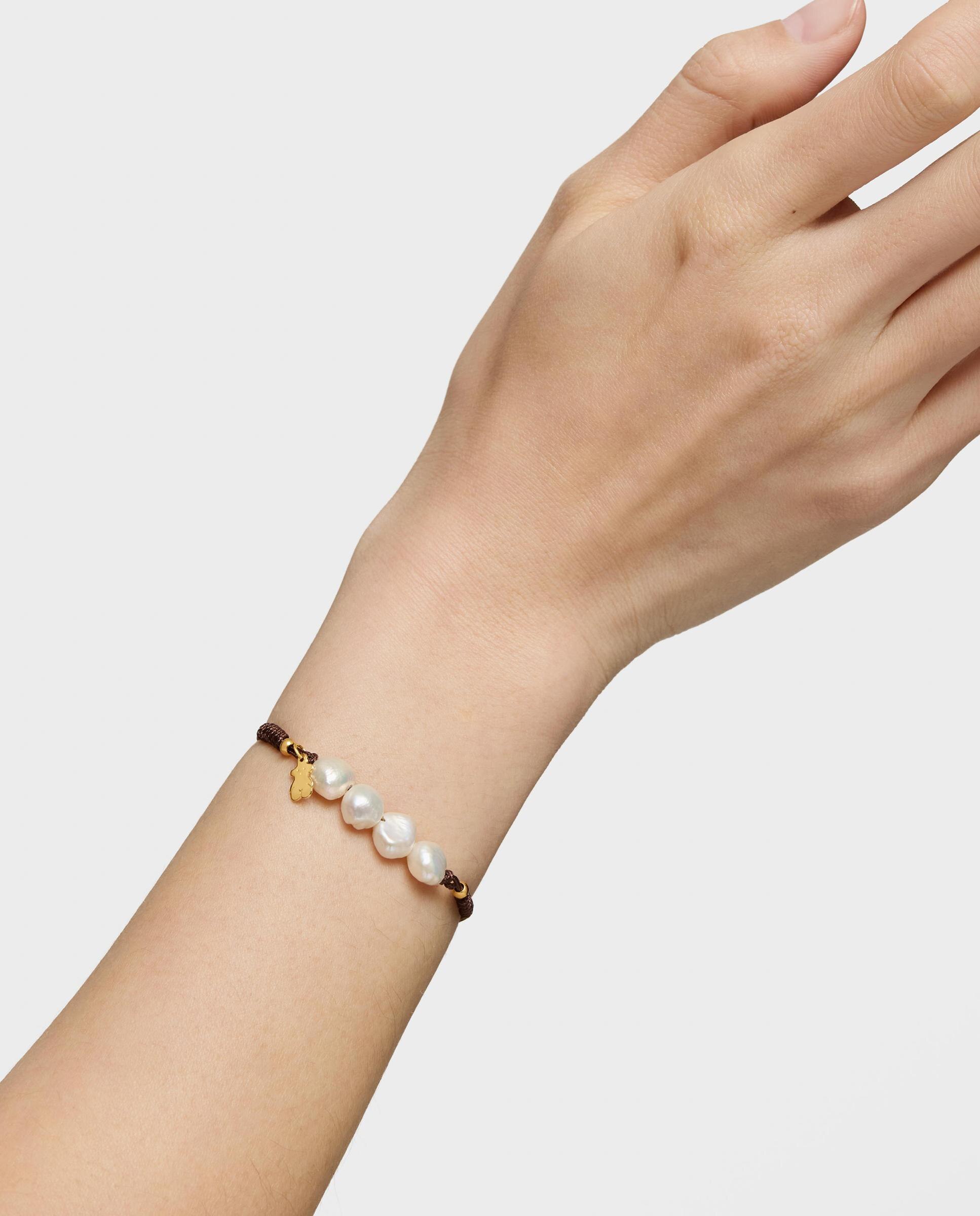Pulseira de Cordão Castanho com Banho de Ouro 18 Kt Sobre Prata e Pérolas Cultivadas com Nós Branco-6