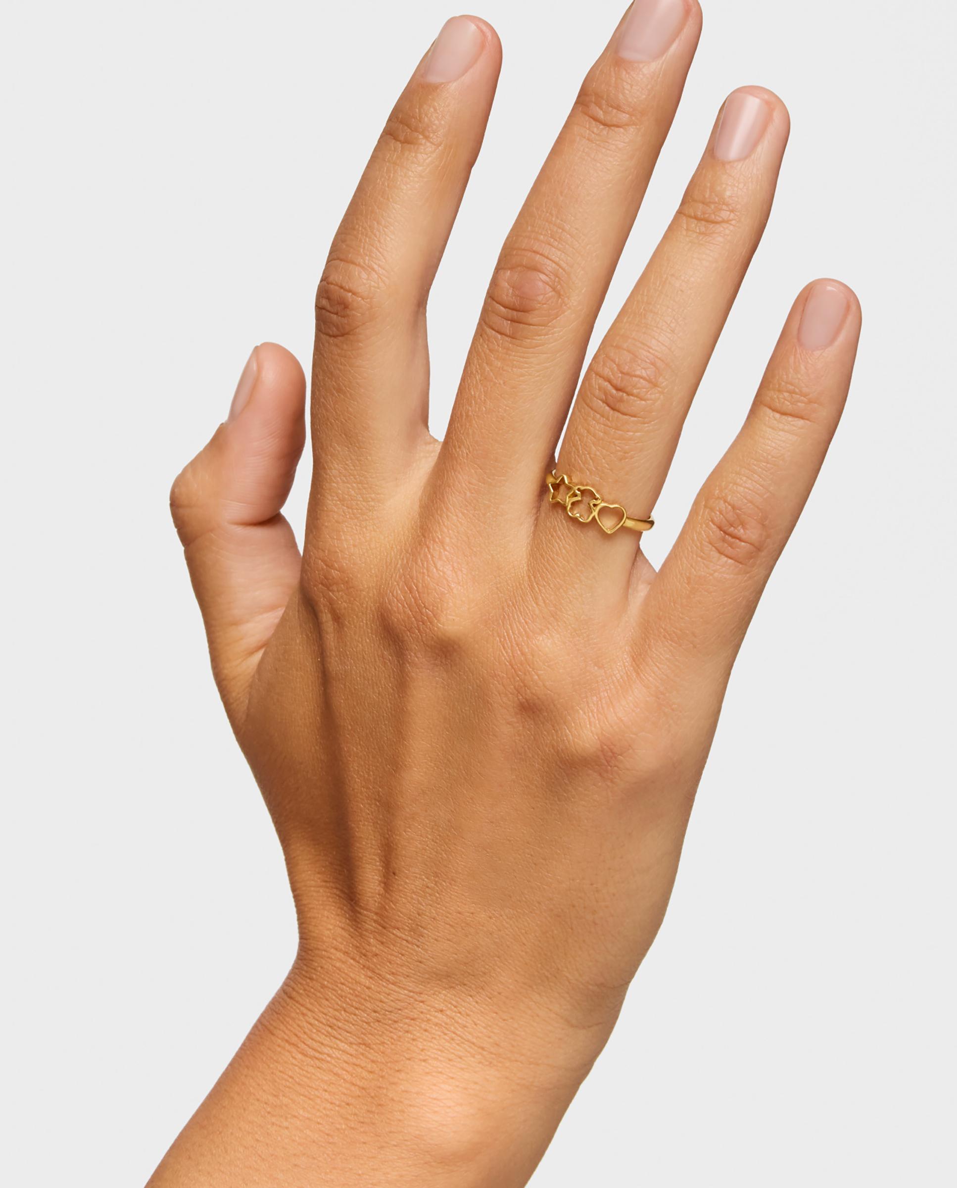 Anel com Motivos de Prata Estrela Coração e Urso Banhado em Ouro 18 Kt Sobre Prata Dourado-6