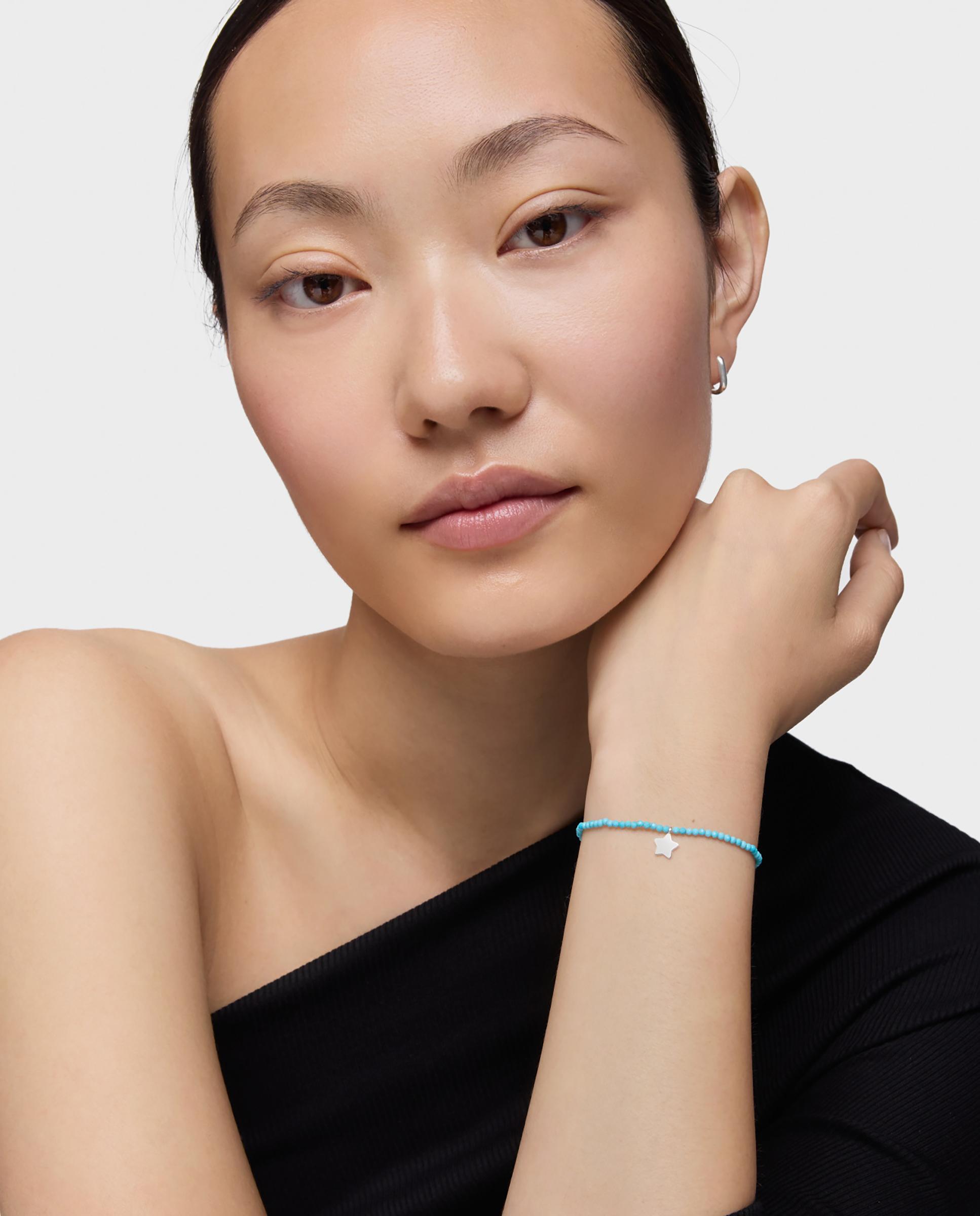 Pulseira com Charms Motivos Elástica com Magnesia Azul e Estrela de Prata Azul-turquesa-4