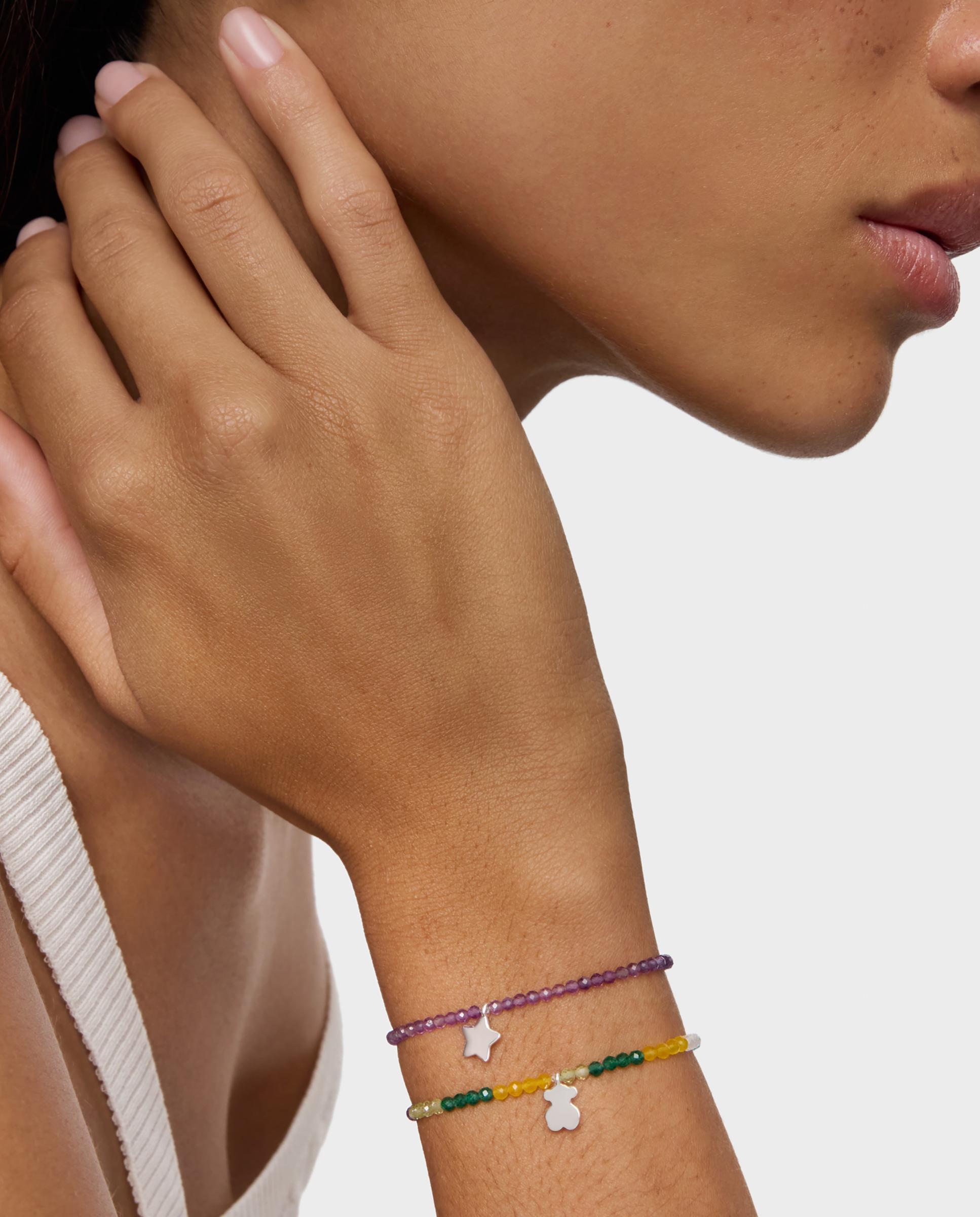 Pulseira com Charms Motivos Elástica com Gemas e Urso de Prata Multicolor-5