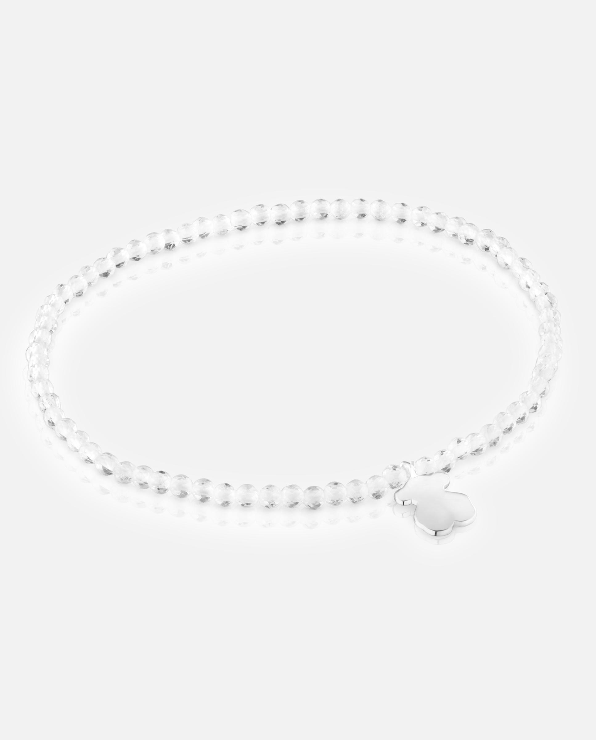 Pulseira com Charms Motivos Elástica com Quartzo Cristal de Rocha e Urso de Prata Branco-1