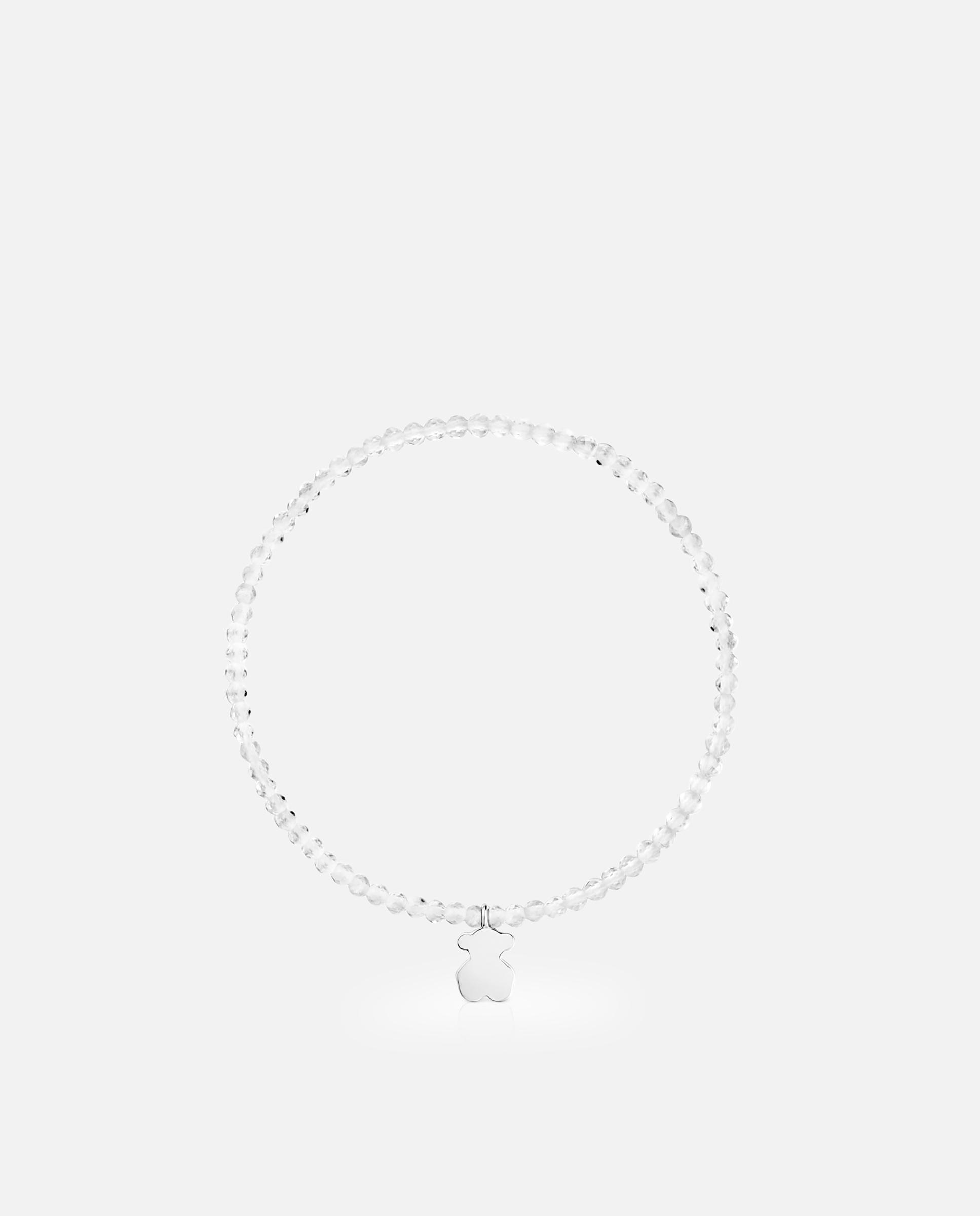 Pulseira com Charms Motivos Elástica com Quartzo Cristal de Rocha e Urso de Prata Branco-2
