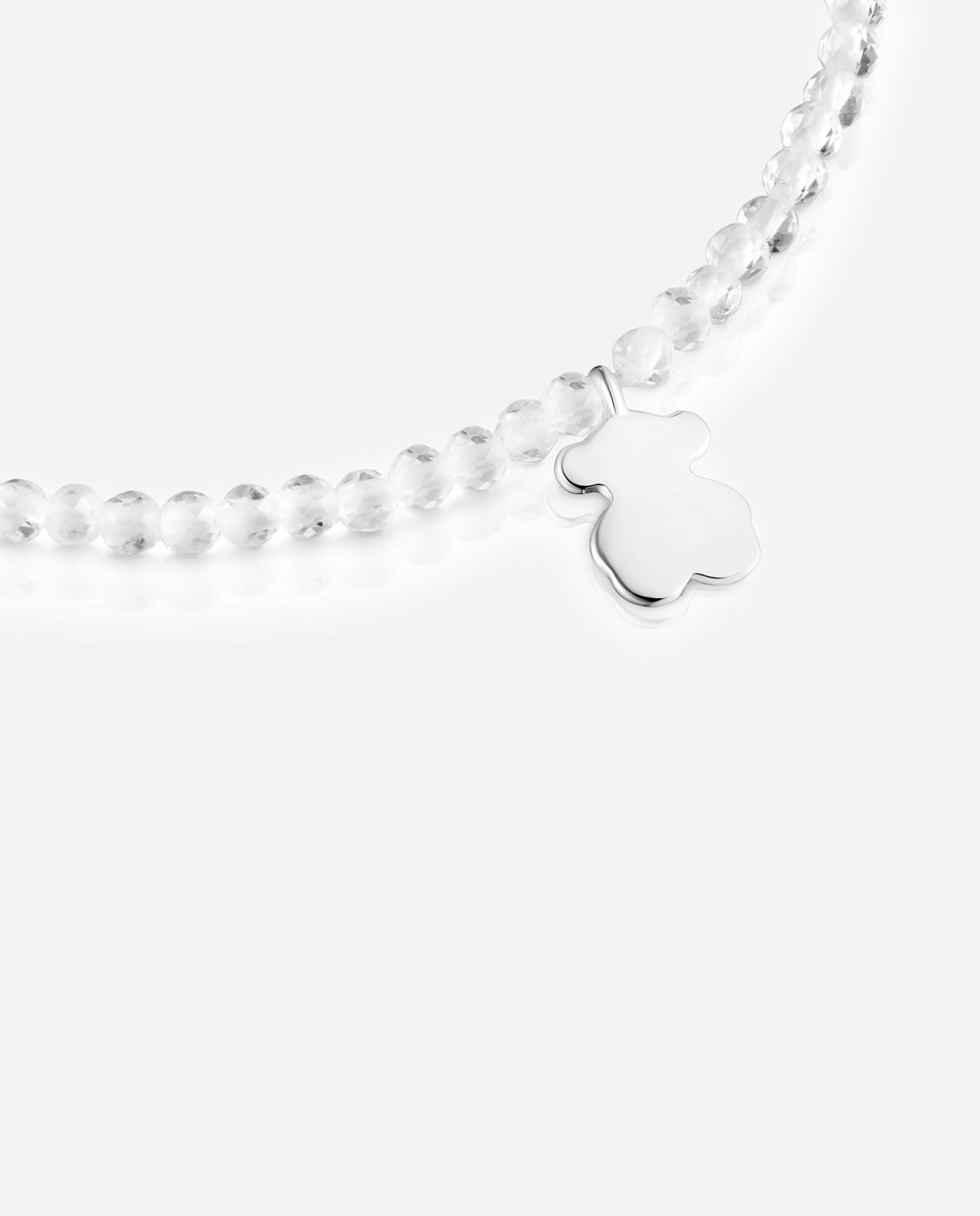 Pulseira com Charms Motivos Elástica com Quartzo Cristal de Rocha e Urso de Prata Branco-3