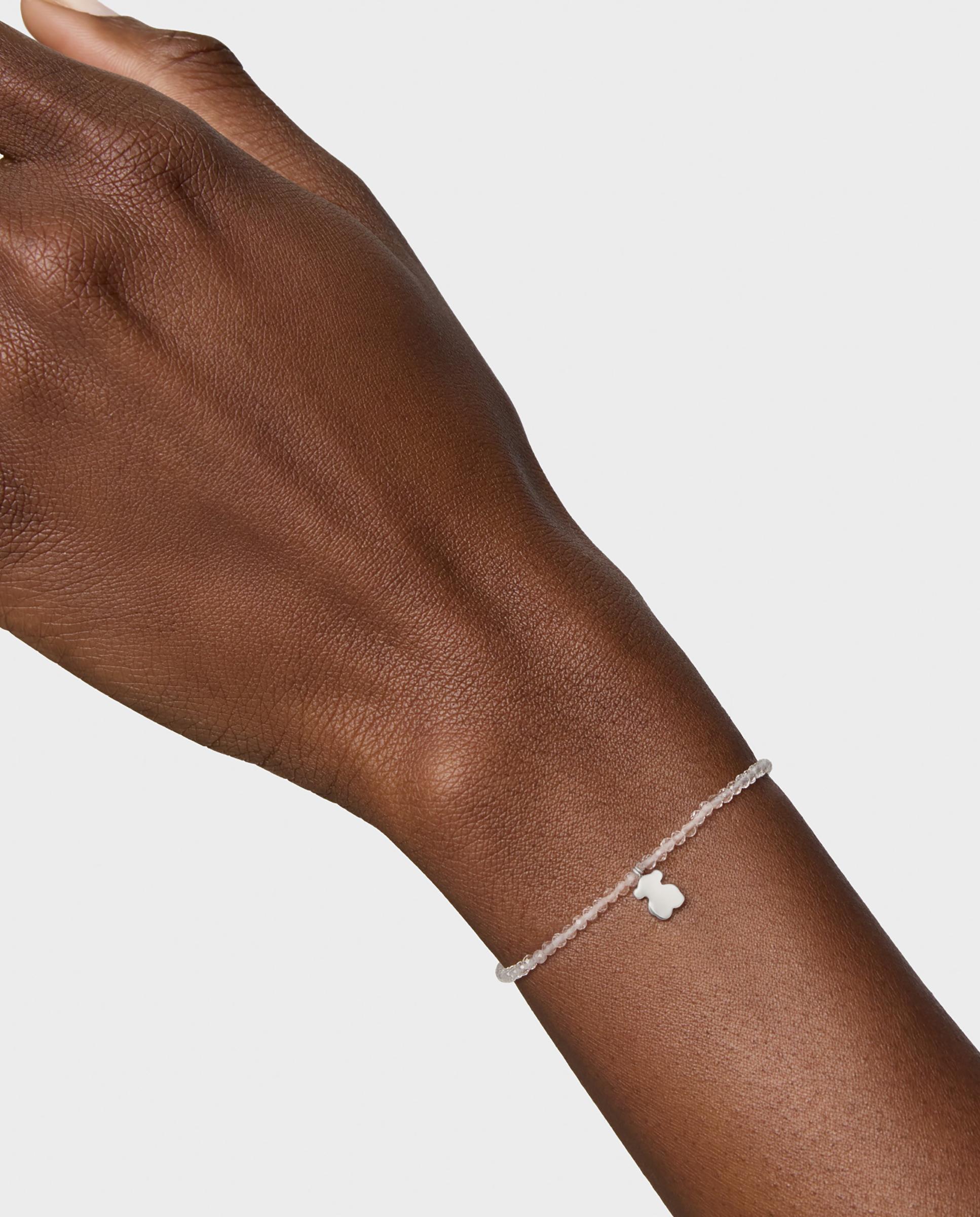 Pulseira com Charms Motivos Elástica com Quartzo Cristal de Rocha e Urso de Prata Branco-6