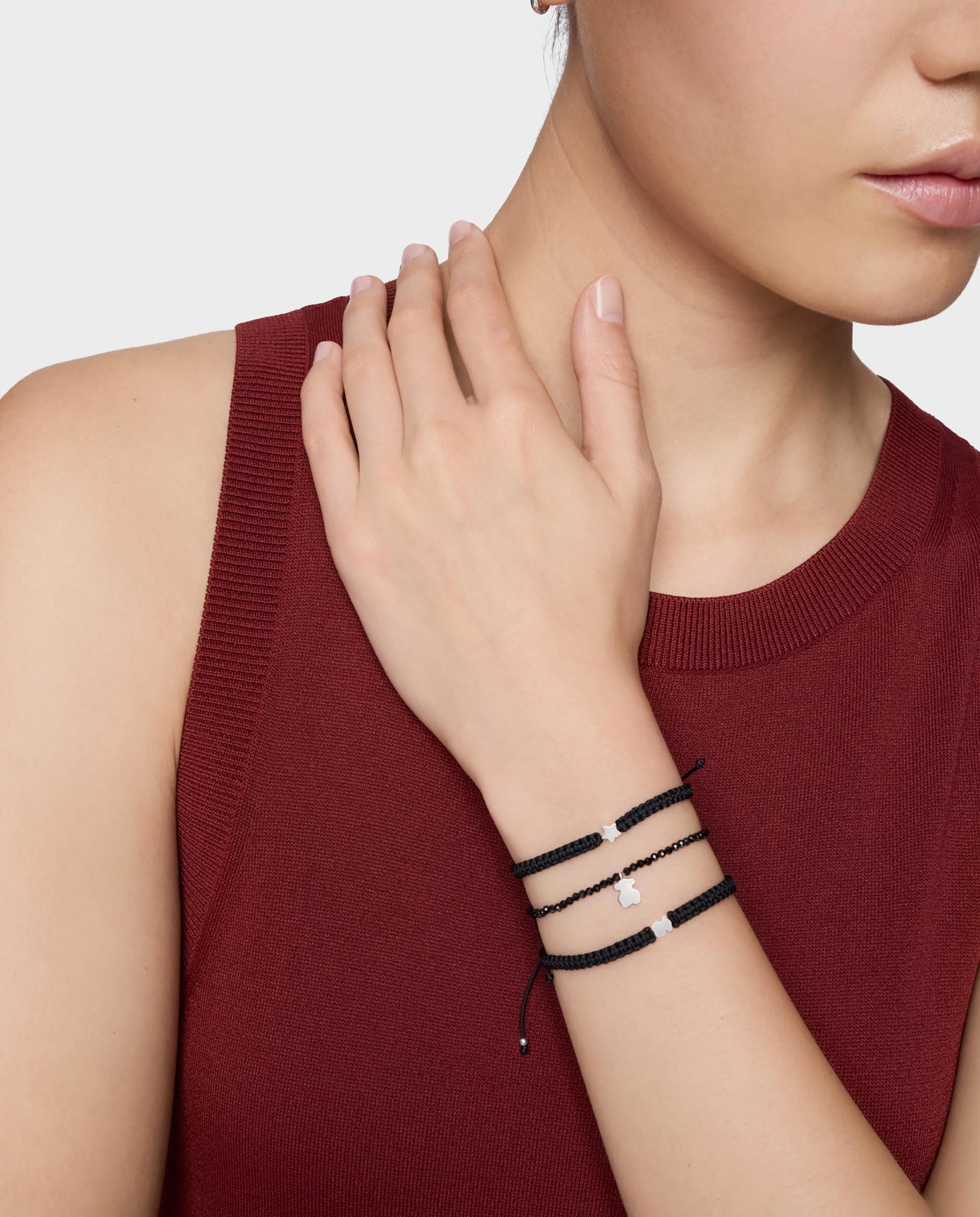 Pulseira com Motivos Estrela de Prata e Nylon em Preto Preto-5