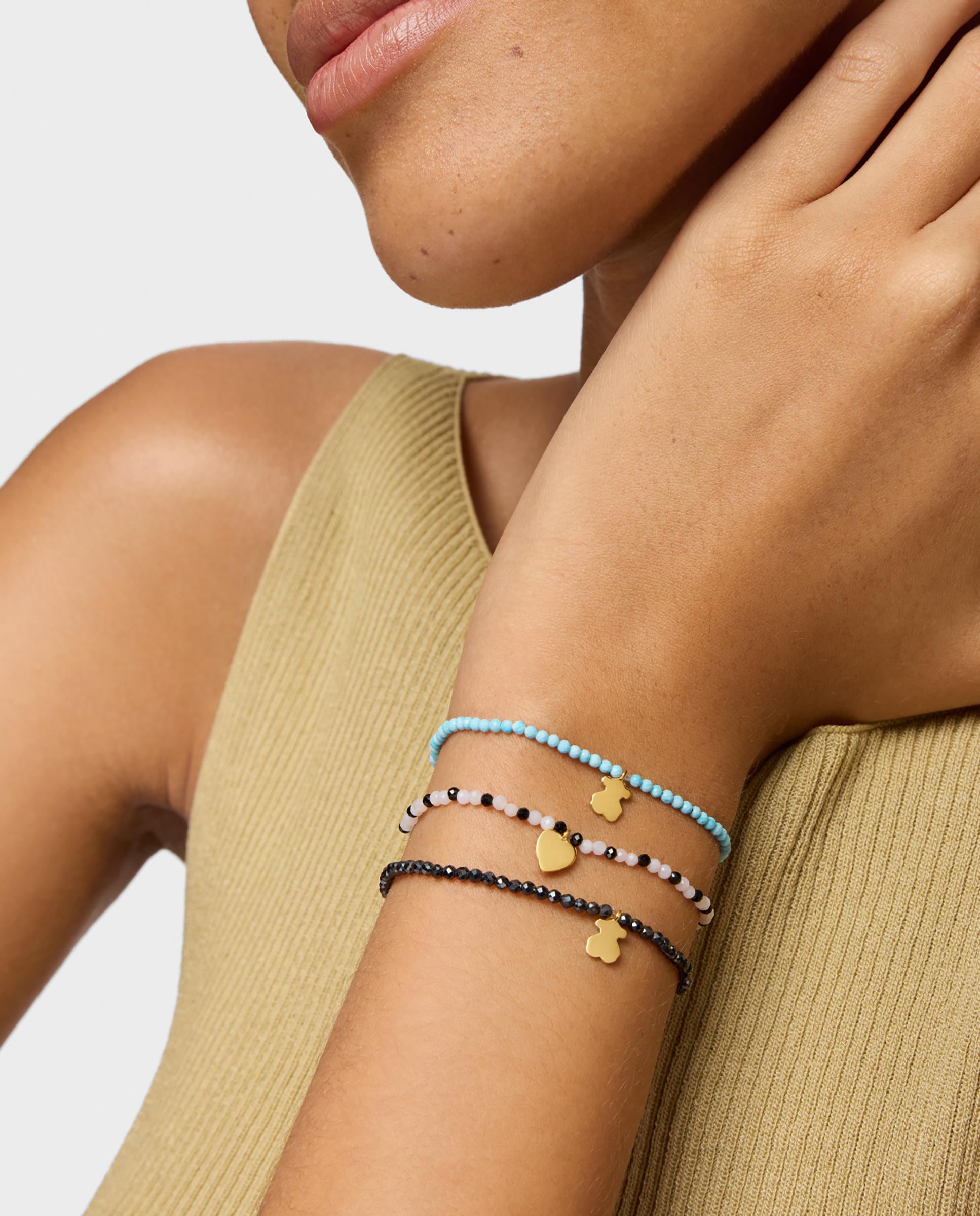 Pulseira com Charms Motivos Elástica com Calcedónia, Espinelas e Coração Banhado em Ouro 18 Kt Sobre Prata Multicolor-5
