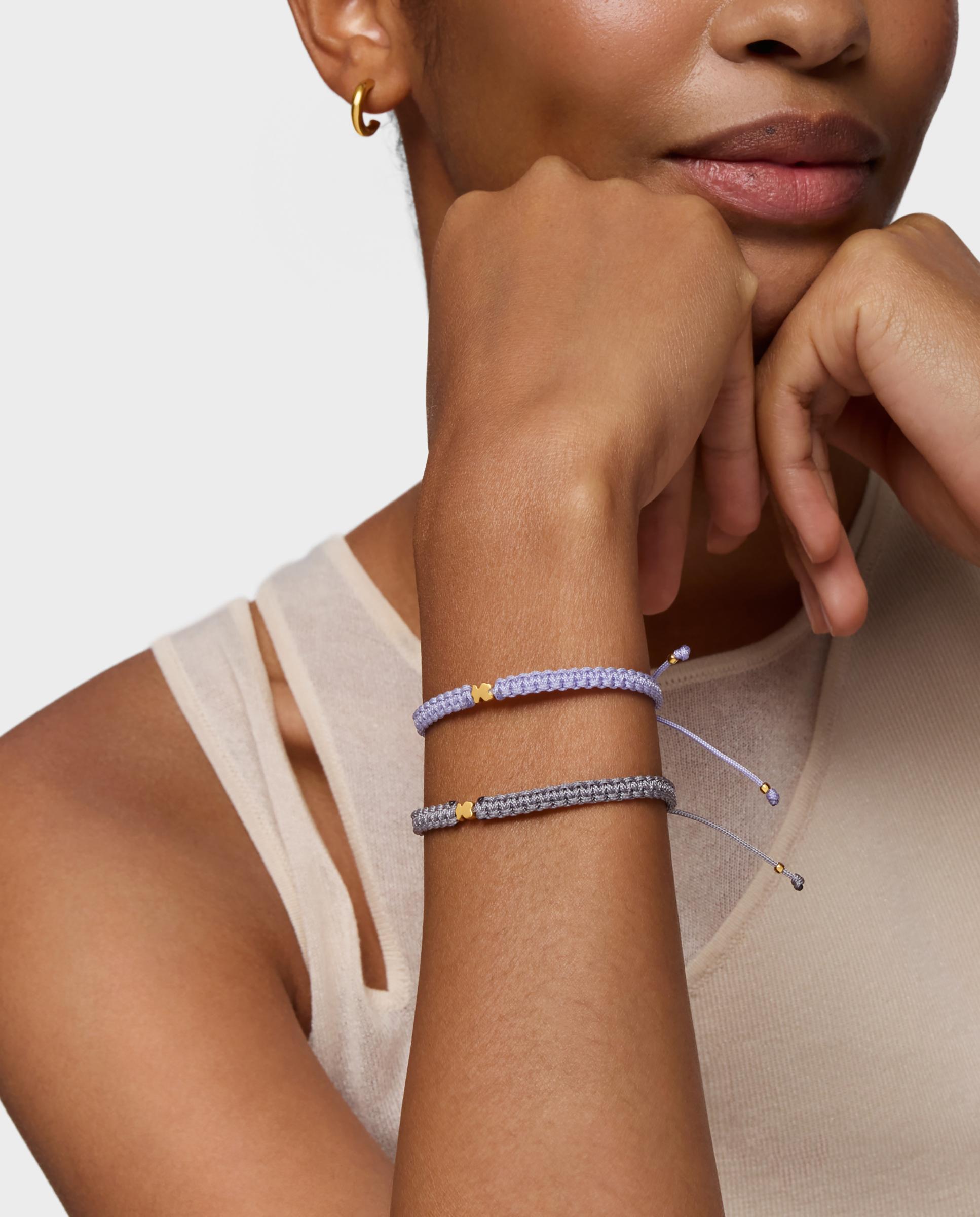 Pulseira de Cordão com Motivos de Urso Banhada a Ouro 18 Kt Sobre Prata e Nylon em Lilás Roxo-pastel-3