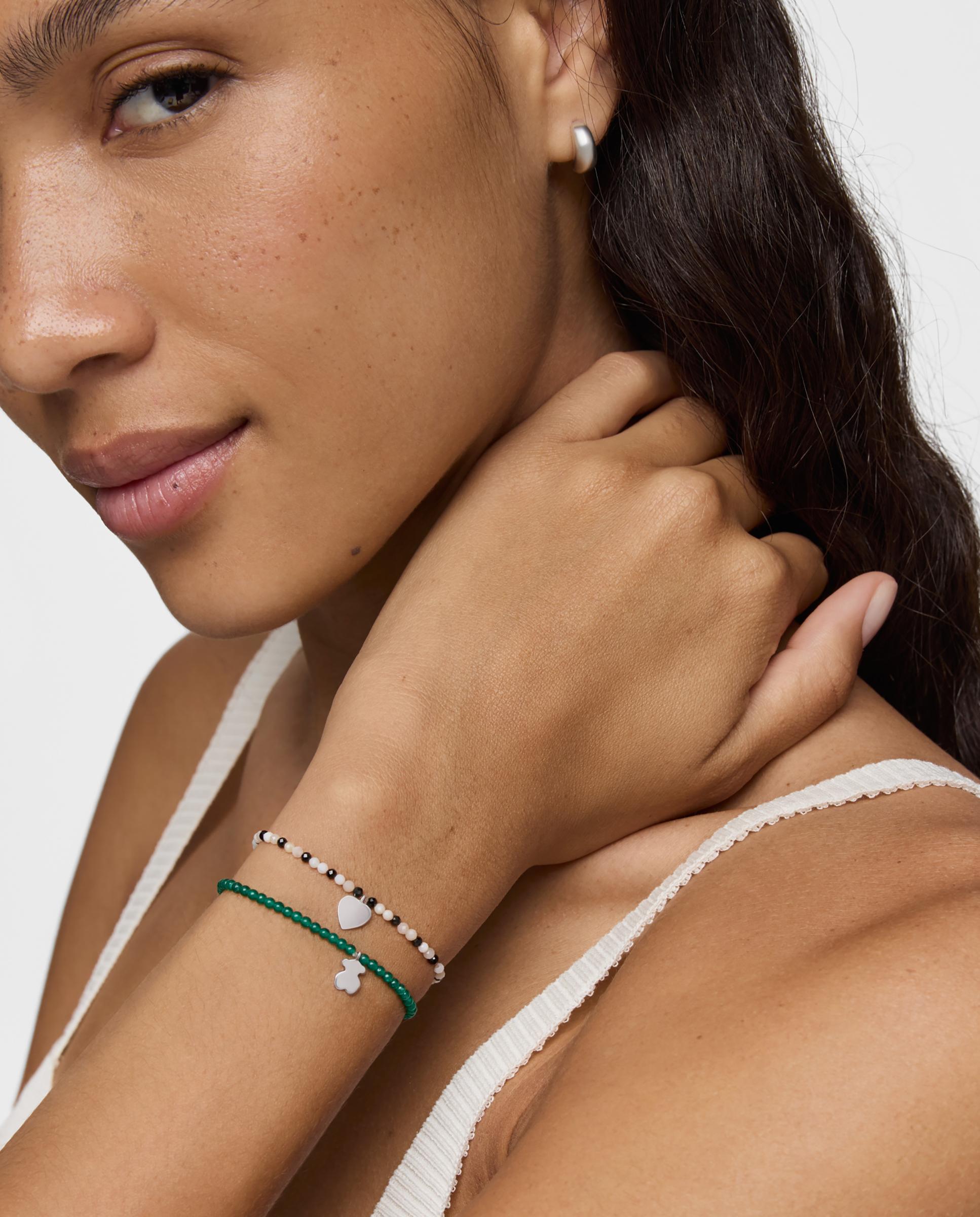 Pulseira com Charms Motivos Elástica com Calcedónia em Verde e Urso de Prata Verde-5