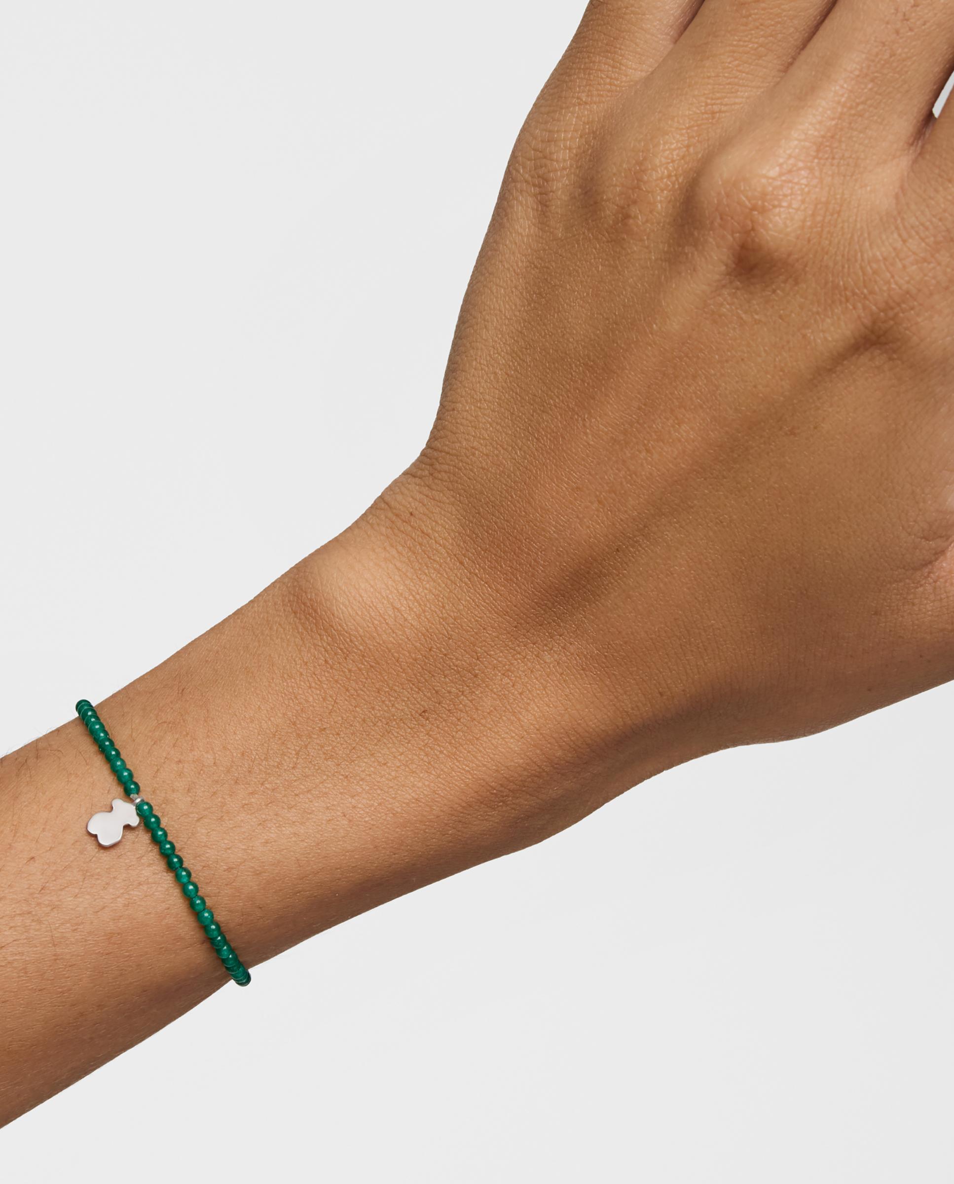Pulseira com Charms Motivos Elástica com Calcedónia em Verde e Urso de Prata Verde-6