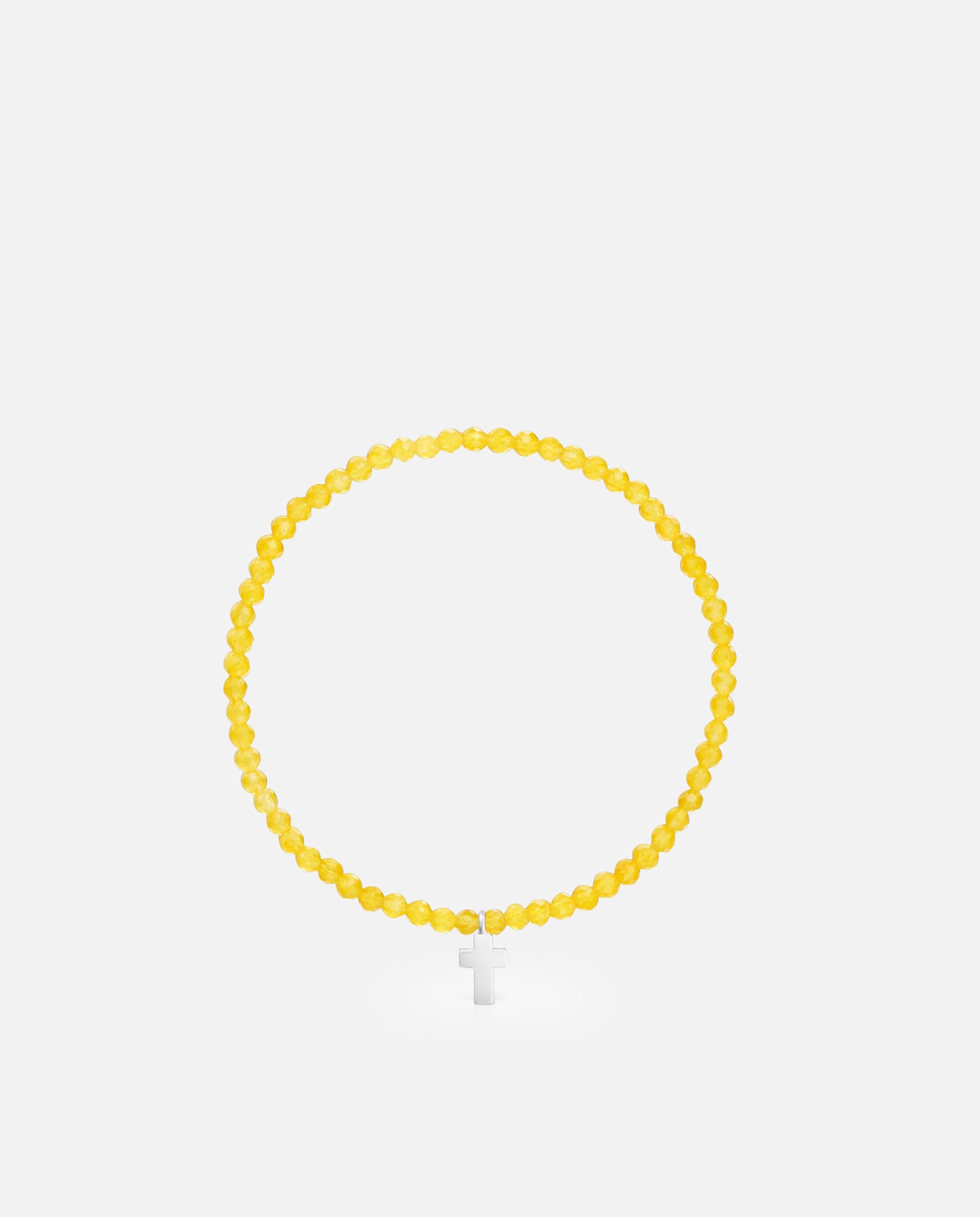 Pulseira com Charms Motivos Elástica com Cuarcita Amarela e Cruz de Prata Amarelo-2
