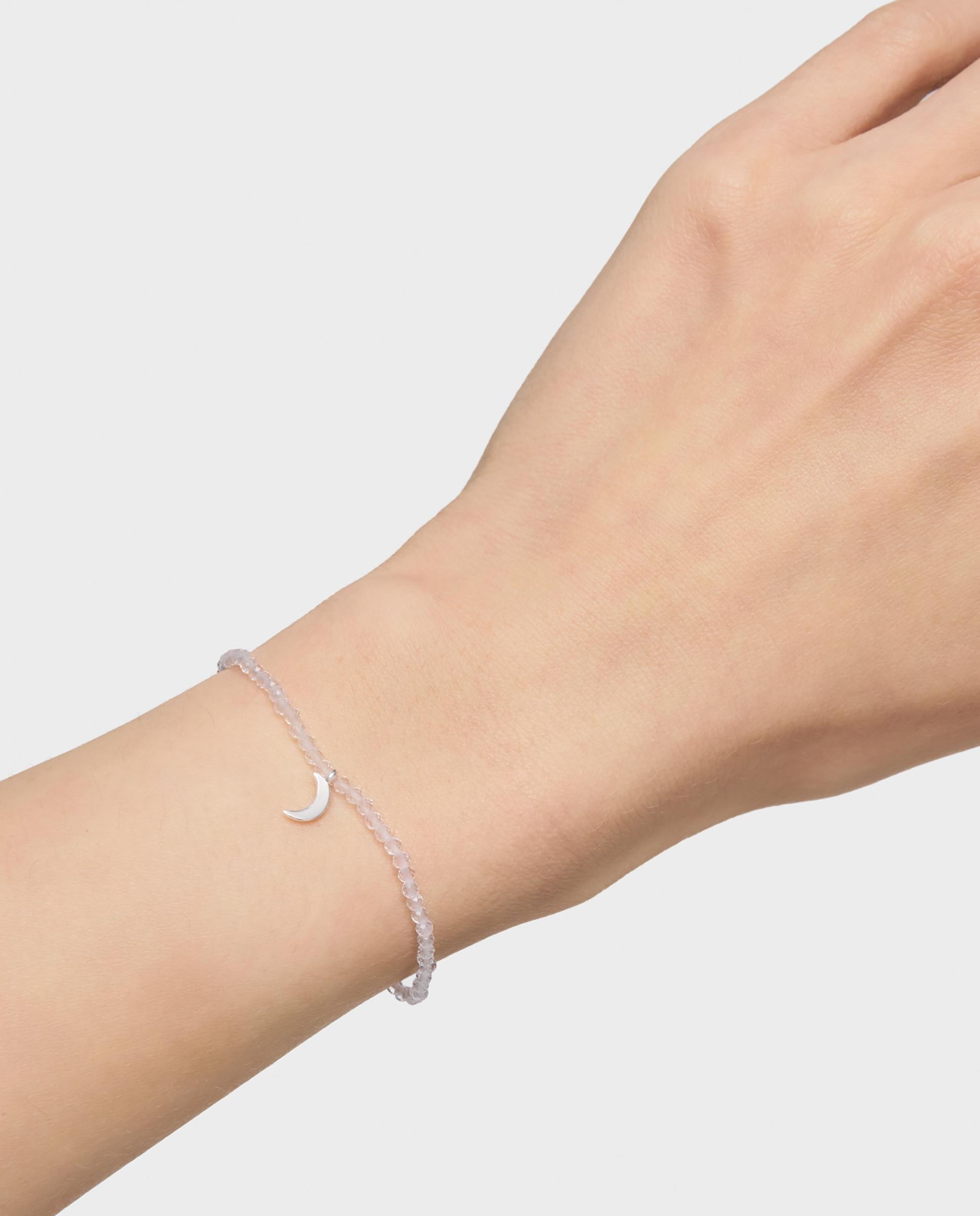 Pulseira com Charms Motivos Elástica com Quartzo Cristal de Rocha e Lua de Prata Branco-6