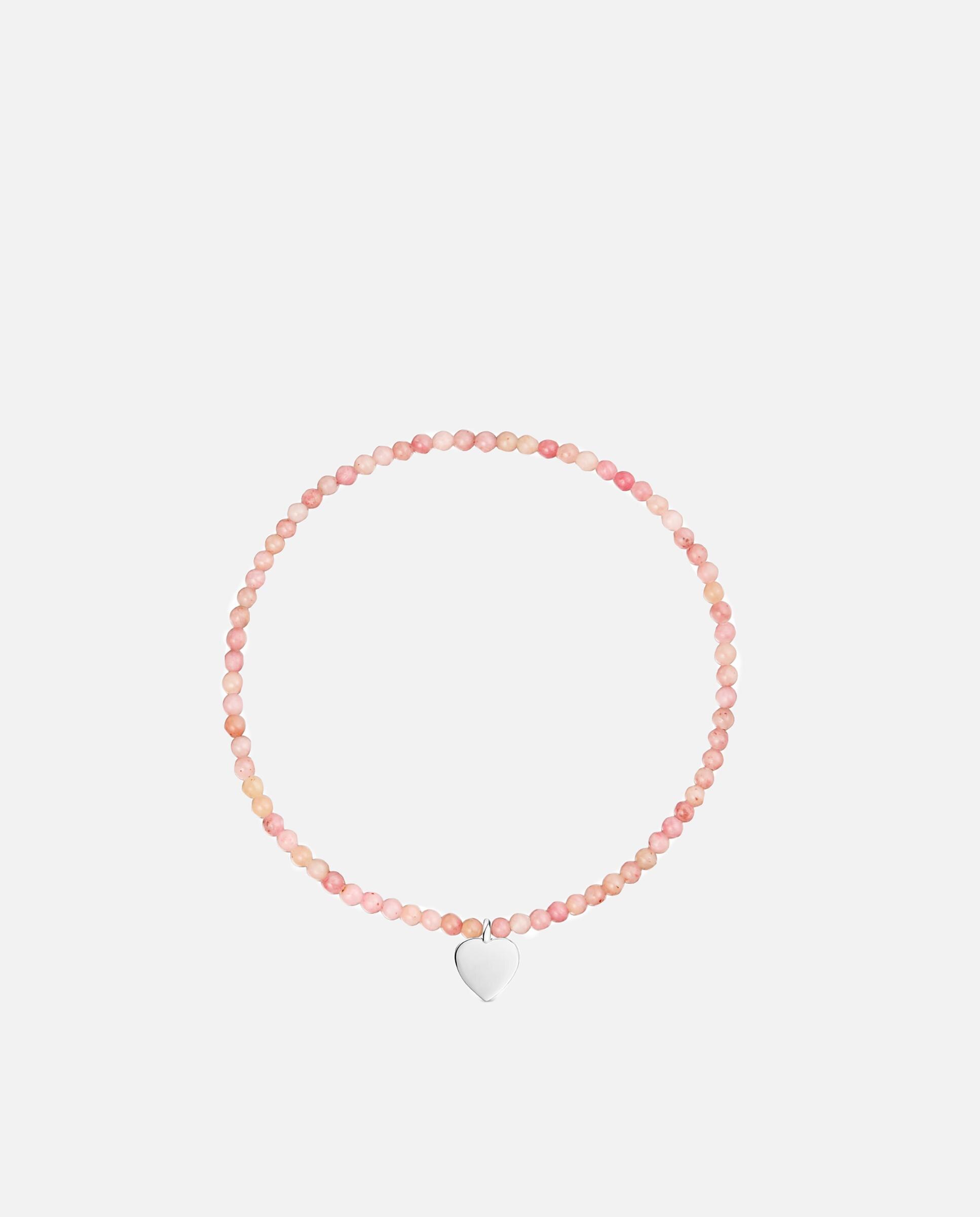 Pulseira de Cordão e Fio Motivos Elástica com Opala Rosa e Coração de Prata Rosa-2
