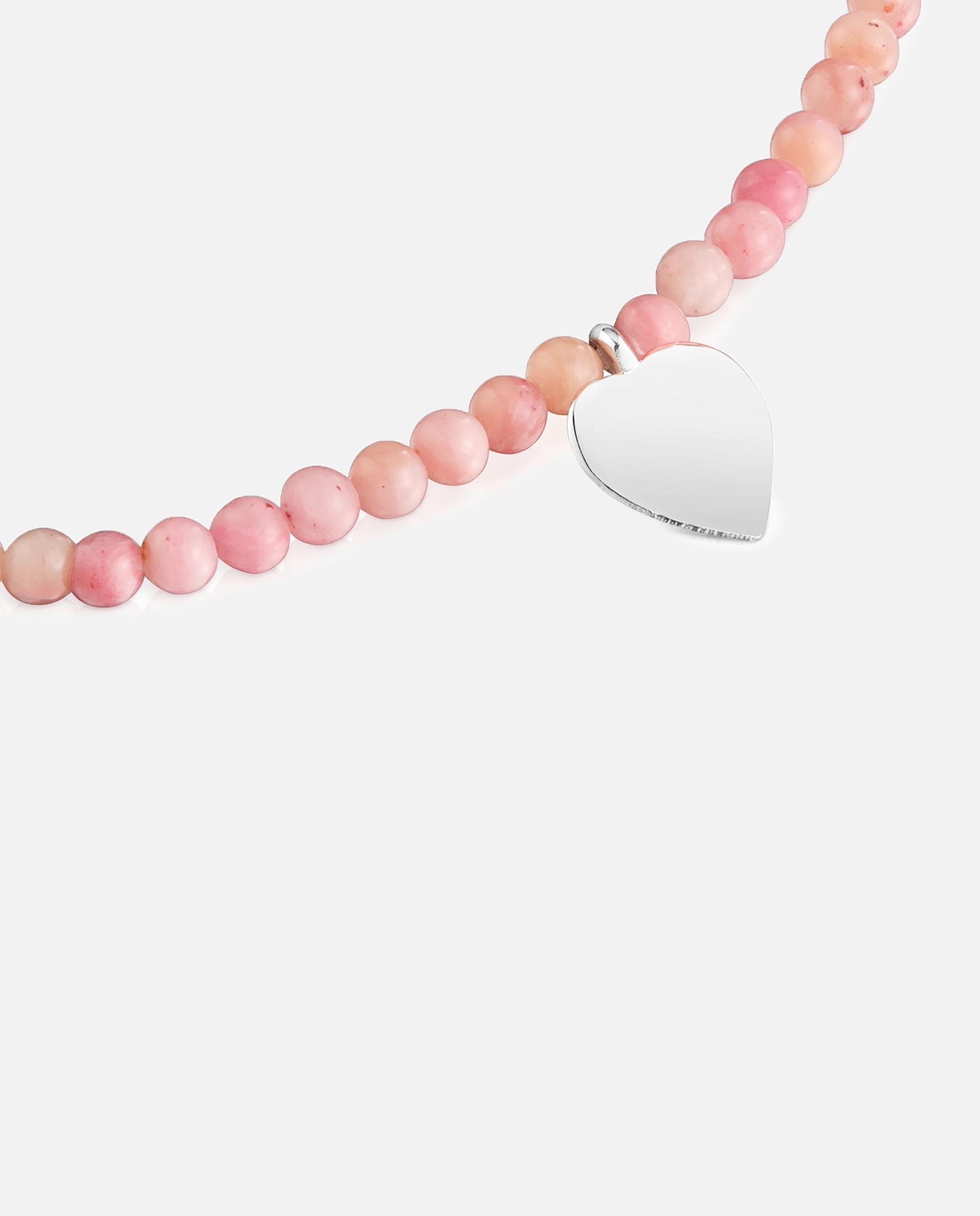 Pulseira de Cordão e Fio Motivos Elástica com Opala Rosa e Coração de Prata Rosa-3
