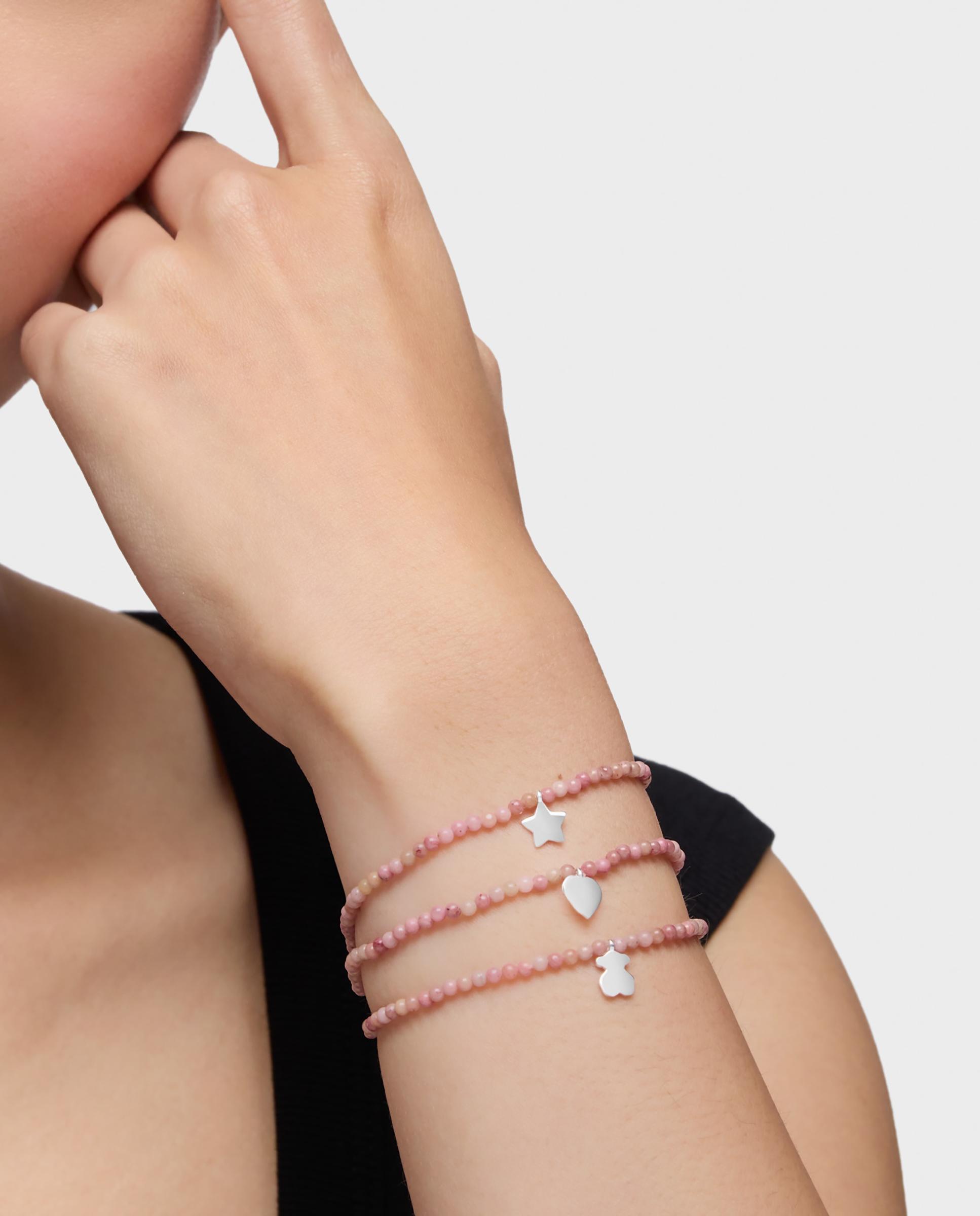 Pulseira de Cordão e Fio Motivos Elástica com Opala Rosa e Coração de Prata Rosa-5
