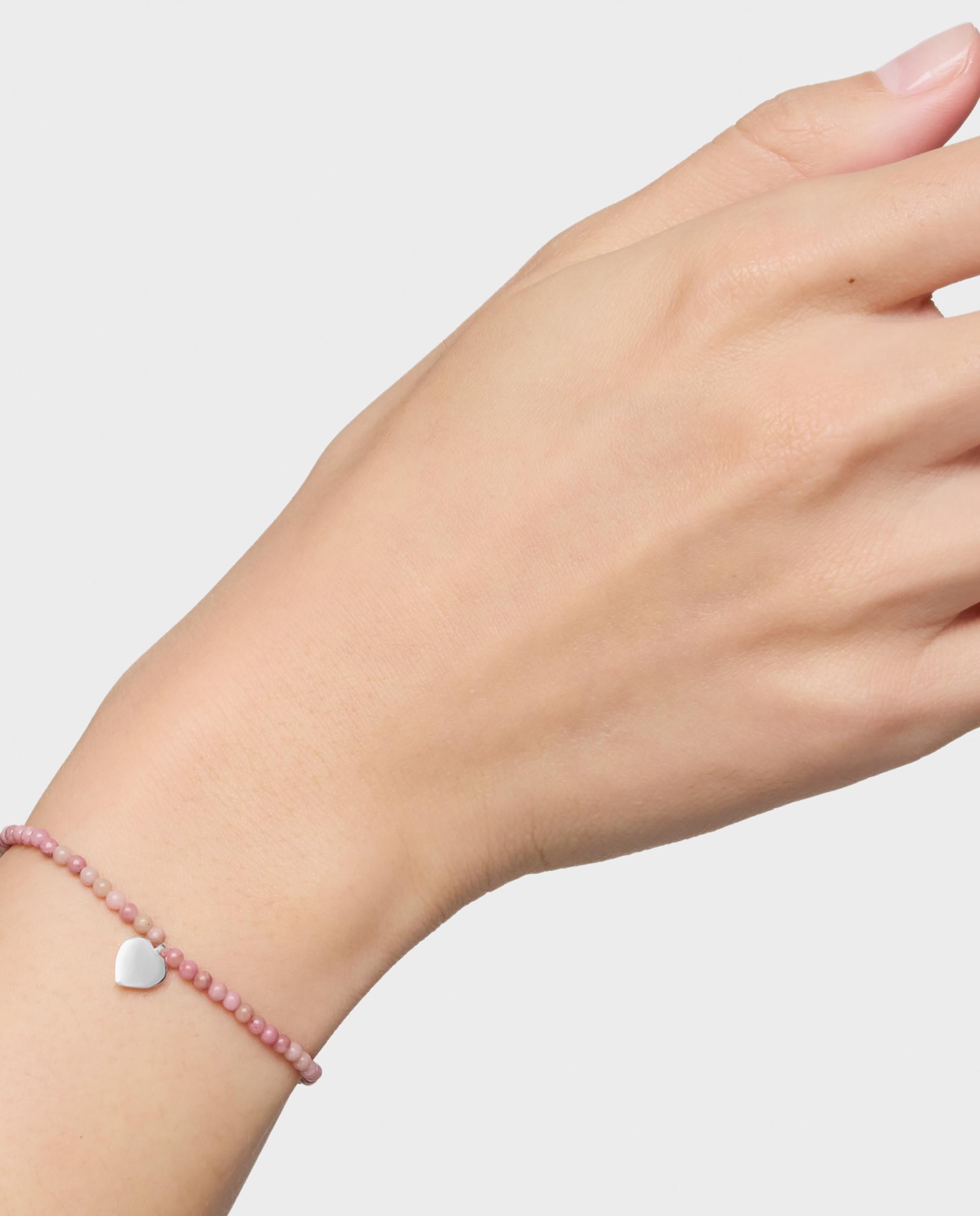 Pulseira de Cordão e Fio Motivos Elástica com Opala Rosa e Coração de Prata Rosa-6