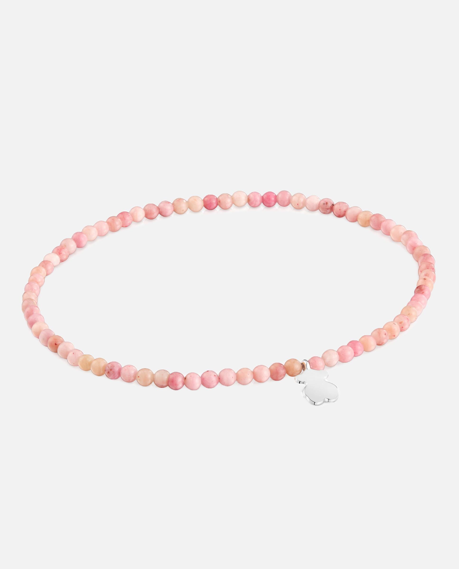 Pulseira Motivos Elástica com Ópalo Rosa e Urso de Prata Rosa-1