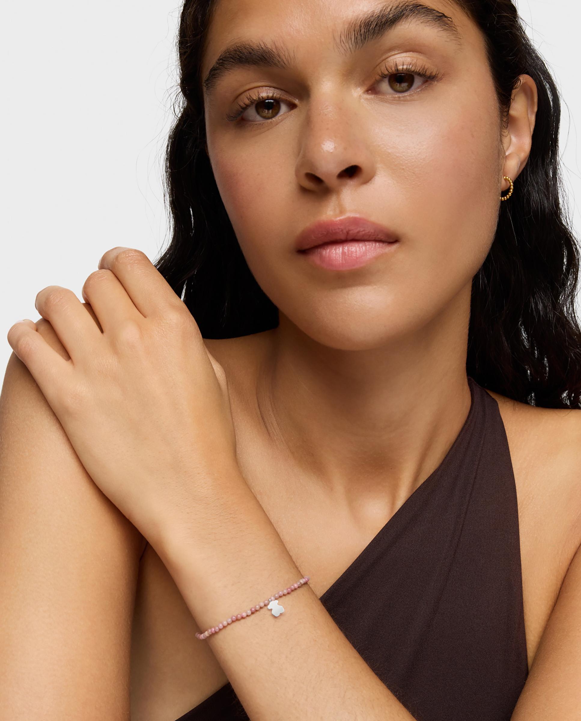 Pulseira Motivos Elástica com Ópalo Rosa e Urso de Prata Rosa-4