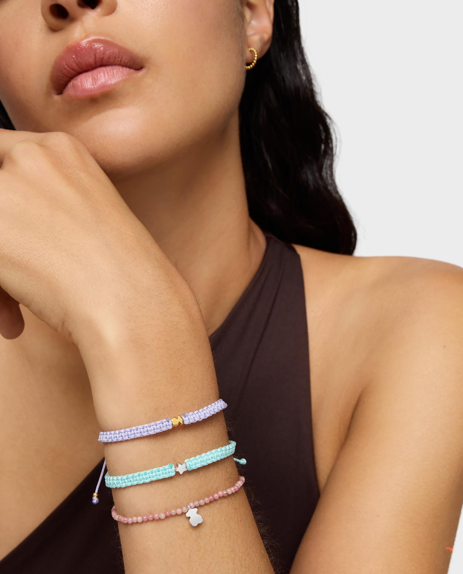 Pulseira Motivos Elástica com Ópalo Rosa e Urso de Prata Rosa-5