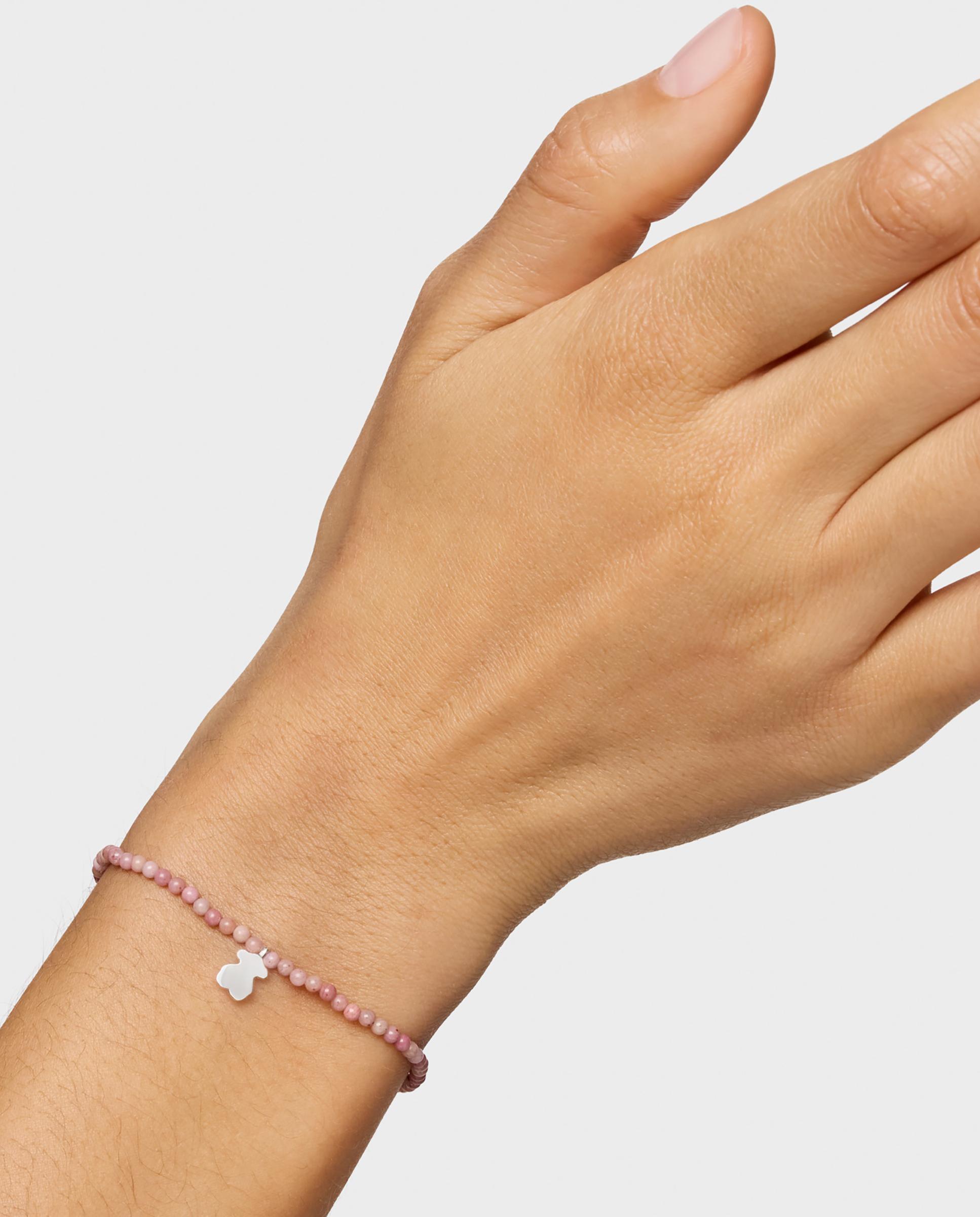 Pulseira Motivos Elástica com Ópalo Rosa e Urso de Prata Rosa-6