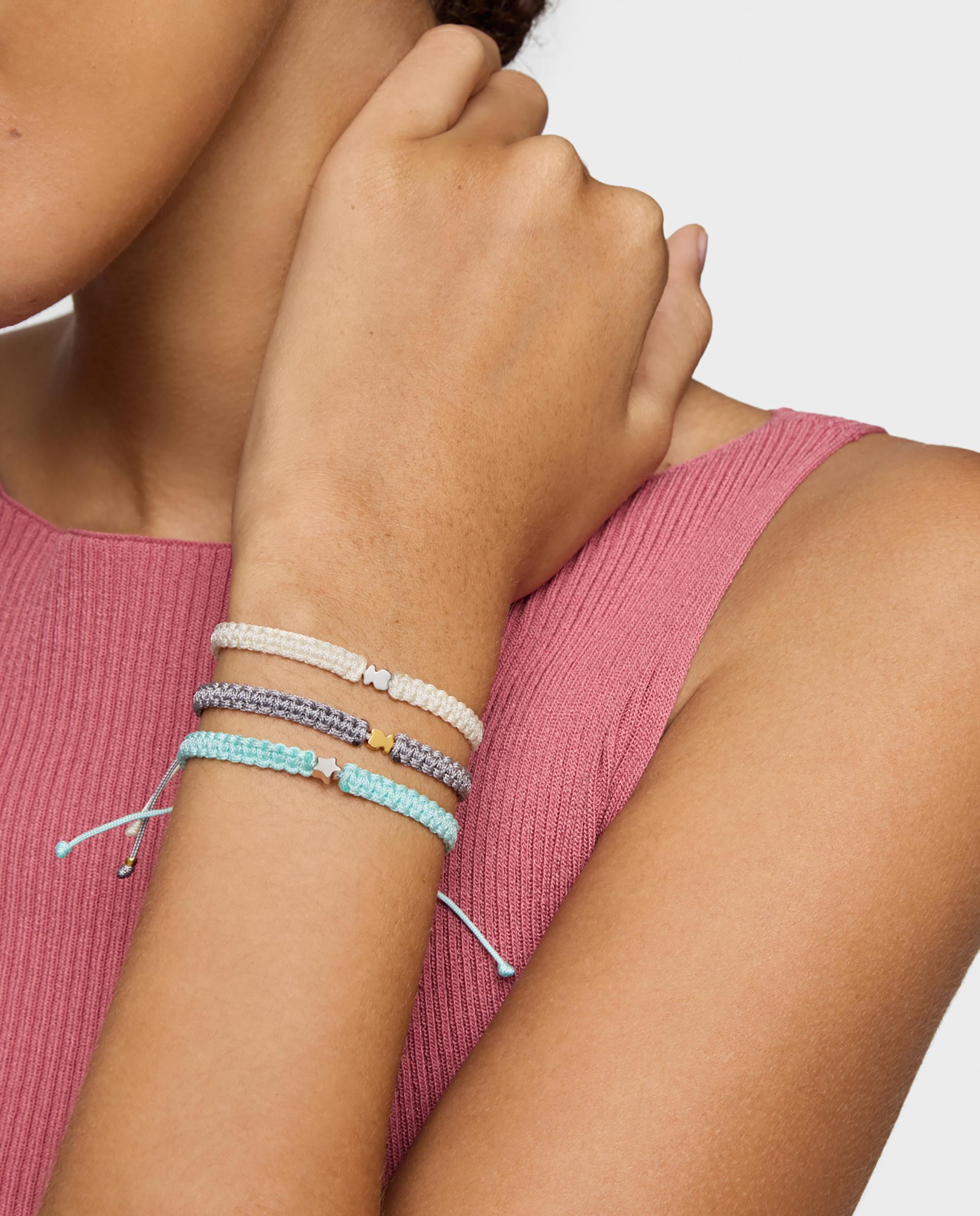 Pulseira Motivos Urso com Banho de Ouro 18 Kt Sobre Prata e Nylon em Cinzento Multicolor-5
