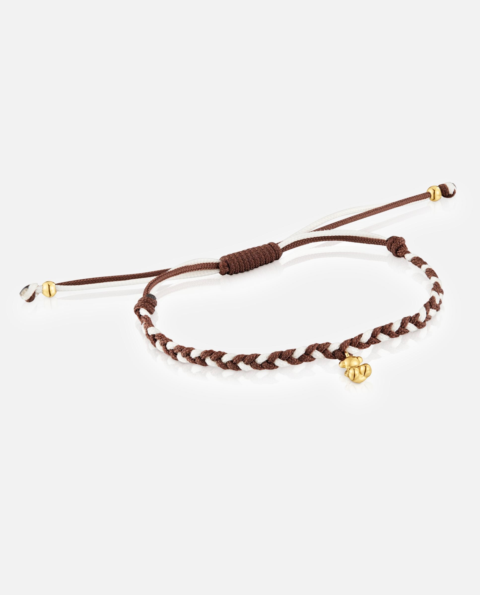 Pulseira de Cordão com Motivos de Urso em Banho de Ouro 18 Kt Sobre Prata e Nylon em Castanho Multicolor-1
