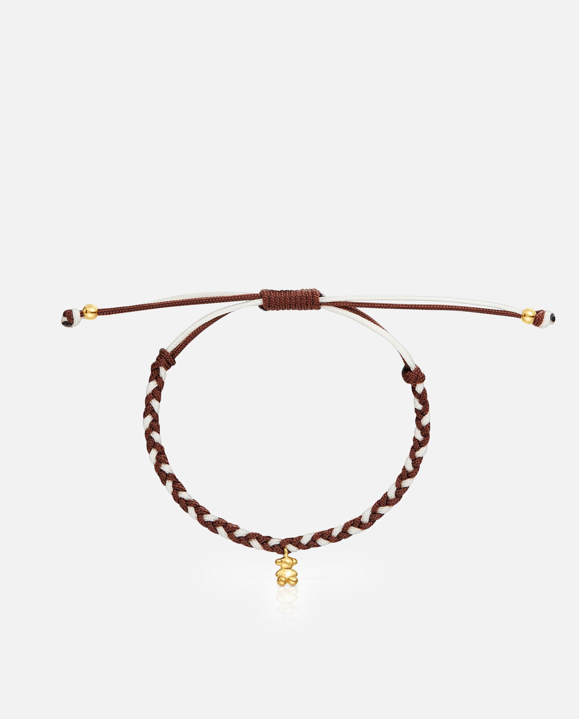 Pulseira de Cordão com Motivos de Urso em Banho de Ouro 18 Kt Sobre Prata e Nylon em Castanho Multicolor-2
