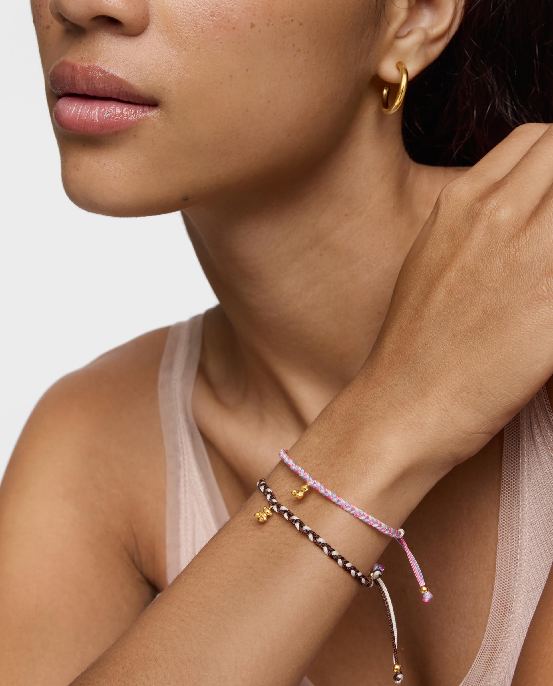Pulseira de Cordão com Motivos de Urso em Banho de Ouro 18 Kt Sobre Prata e Nylon em Castanho Multicolor-5