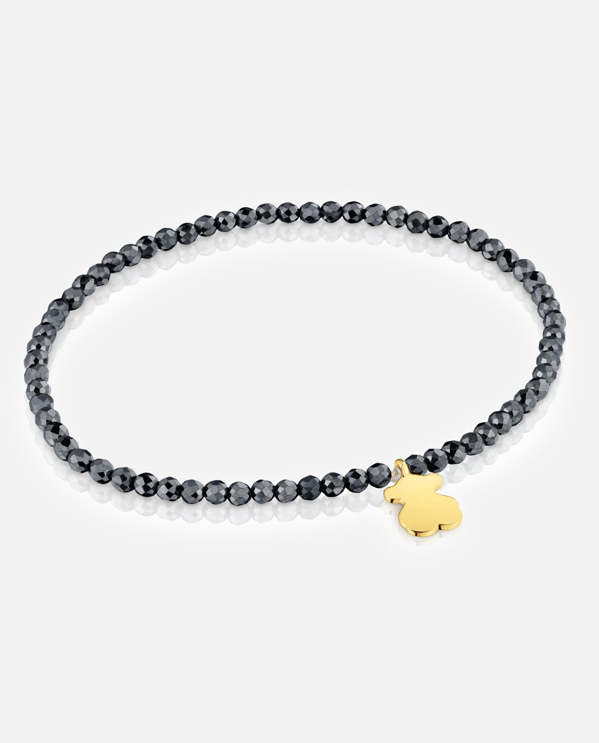 Imagem 0 de Pulseira com Charms Motivos Elástica com Hematita e Urso Banhado em Ouro 18 Kt Sobre Prata