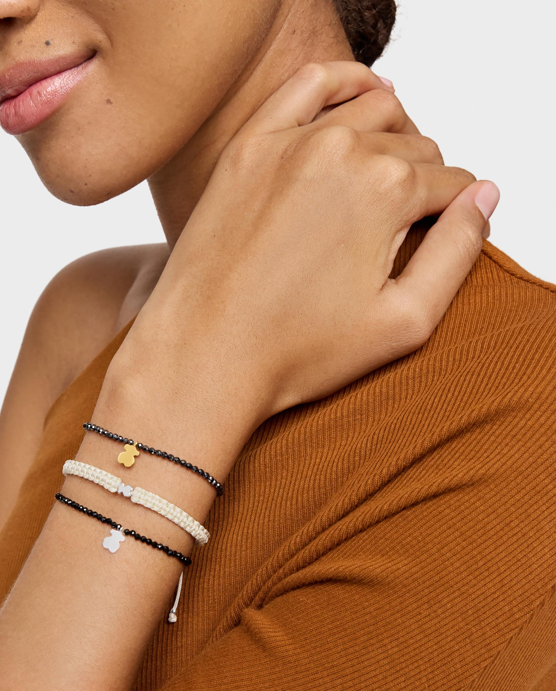 Pulseira com Charms Motivos Elástica com Hematita e Urso Banhado em Ouro 18 Kt Sobre Prata Multicolor-5