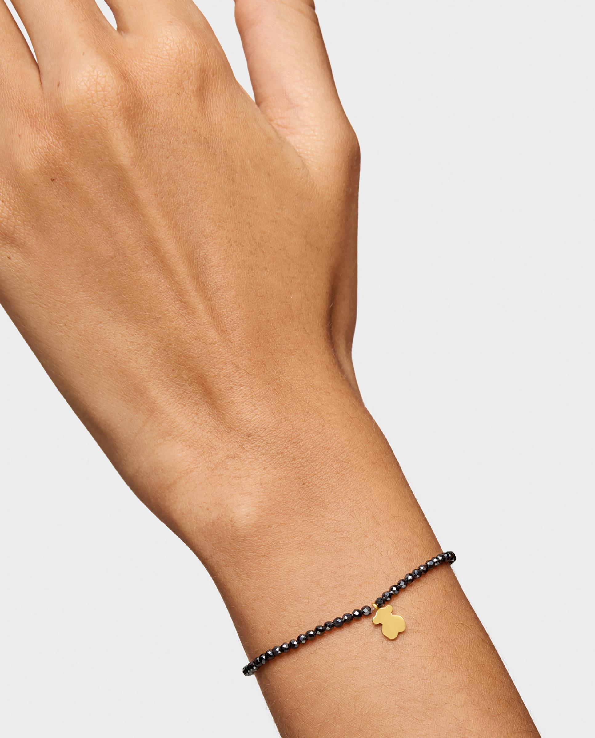 Pulseira com Charms Motivos Elástica com Hematita e Urso Banhado em Ouro 18 Kt Sobre Prata Multicolor-6