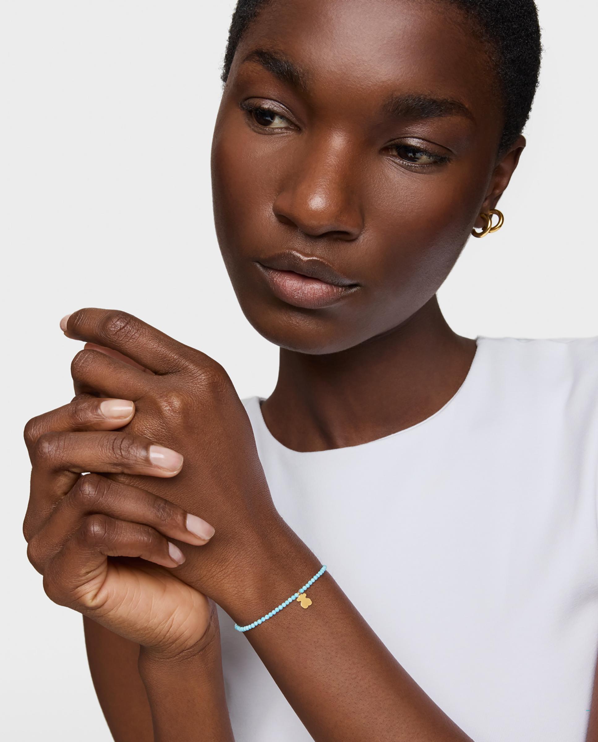 Pulseira com Charms Motivos Elástica com Magnésia em Azul e Urso Banhado em Ouro 18 Kt Sobre Prata Azul-claro-4