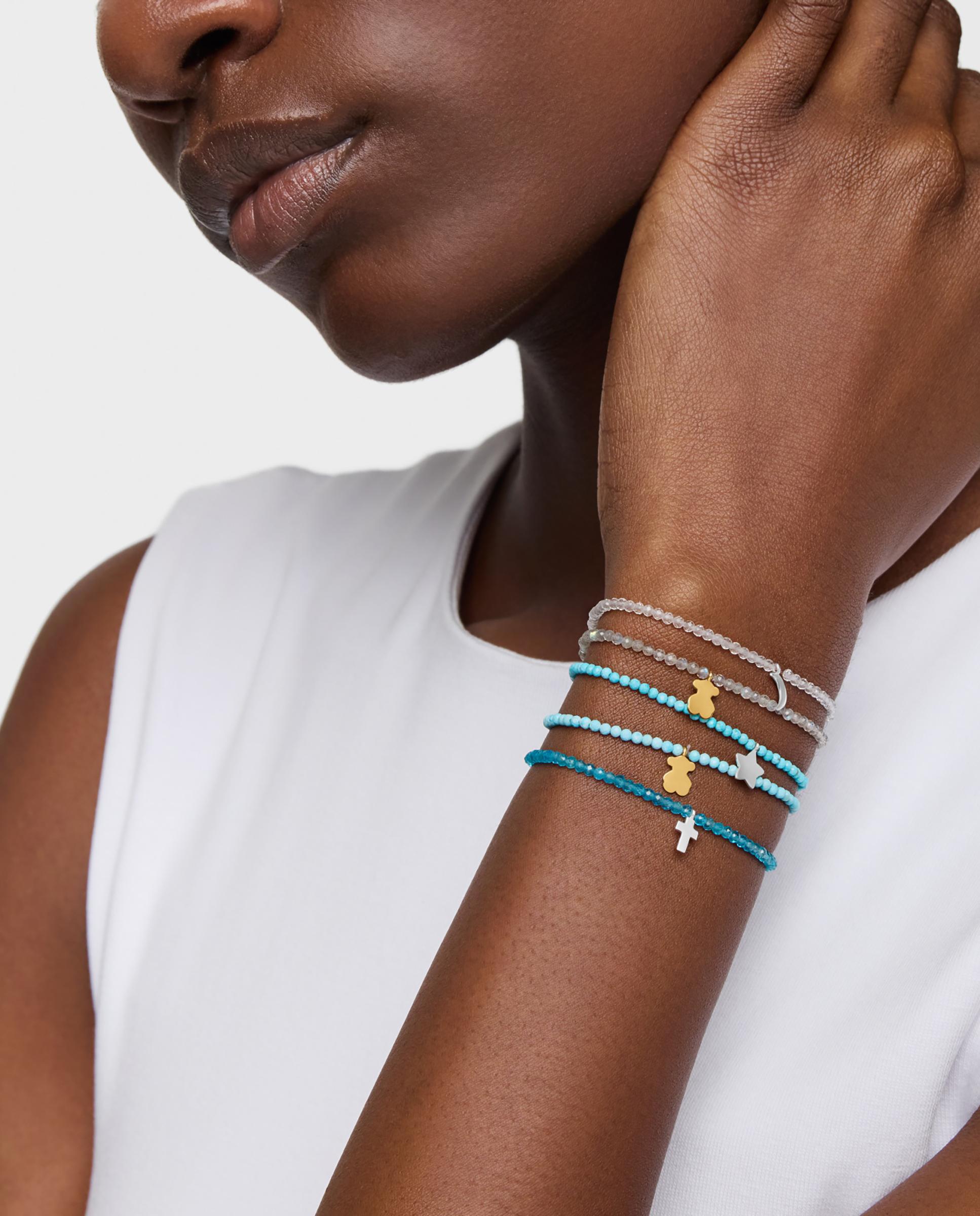 Pulseira com Charms Motivos Elástica com Magnésia em Azul e Urso Banhado em Ouro 18 Kt Sobre Prata Azul-claro-5