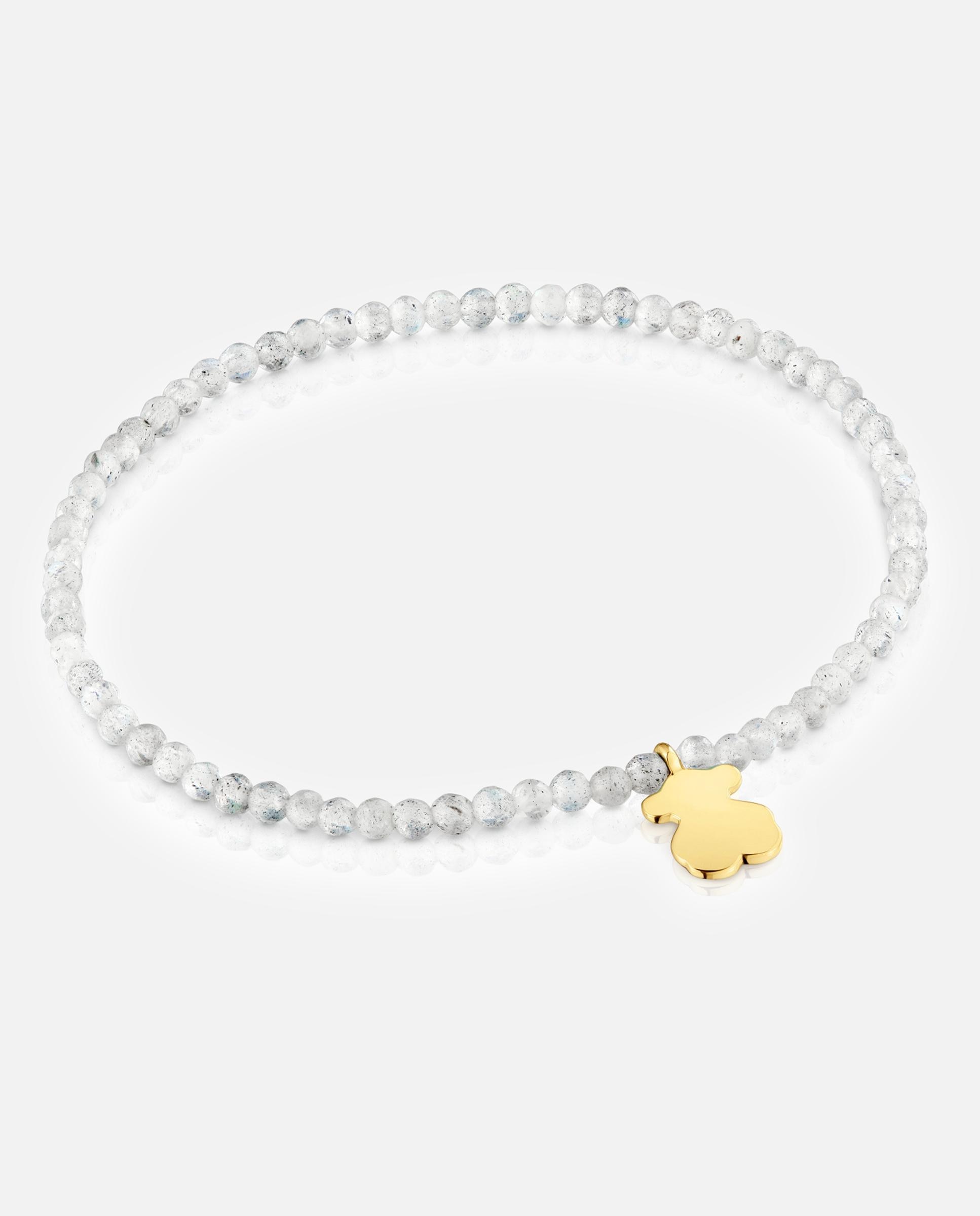Imagem 0 de Pulseira com Charms Motivos Elástica com Labradorita em Cinzento e Urso Banhado em Ouro 18 Kt Sobre Prata
