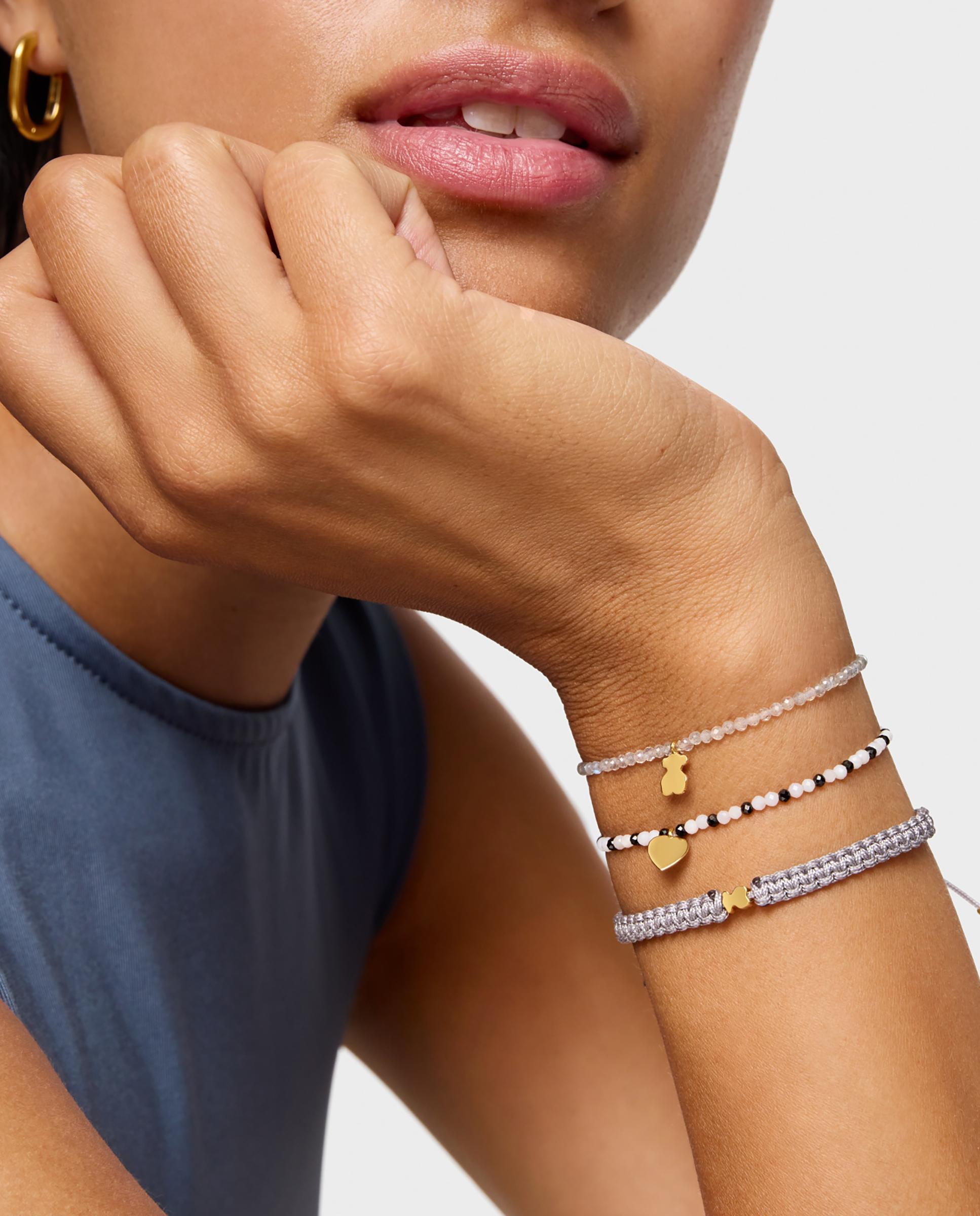 Pulseira com Charms Motivos Elástica com Labradorita em Cinzento e Urso Banhado em Ouro 18 Kt Sobre Prata Cinzento-5