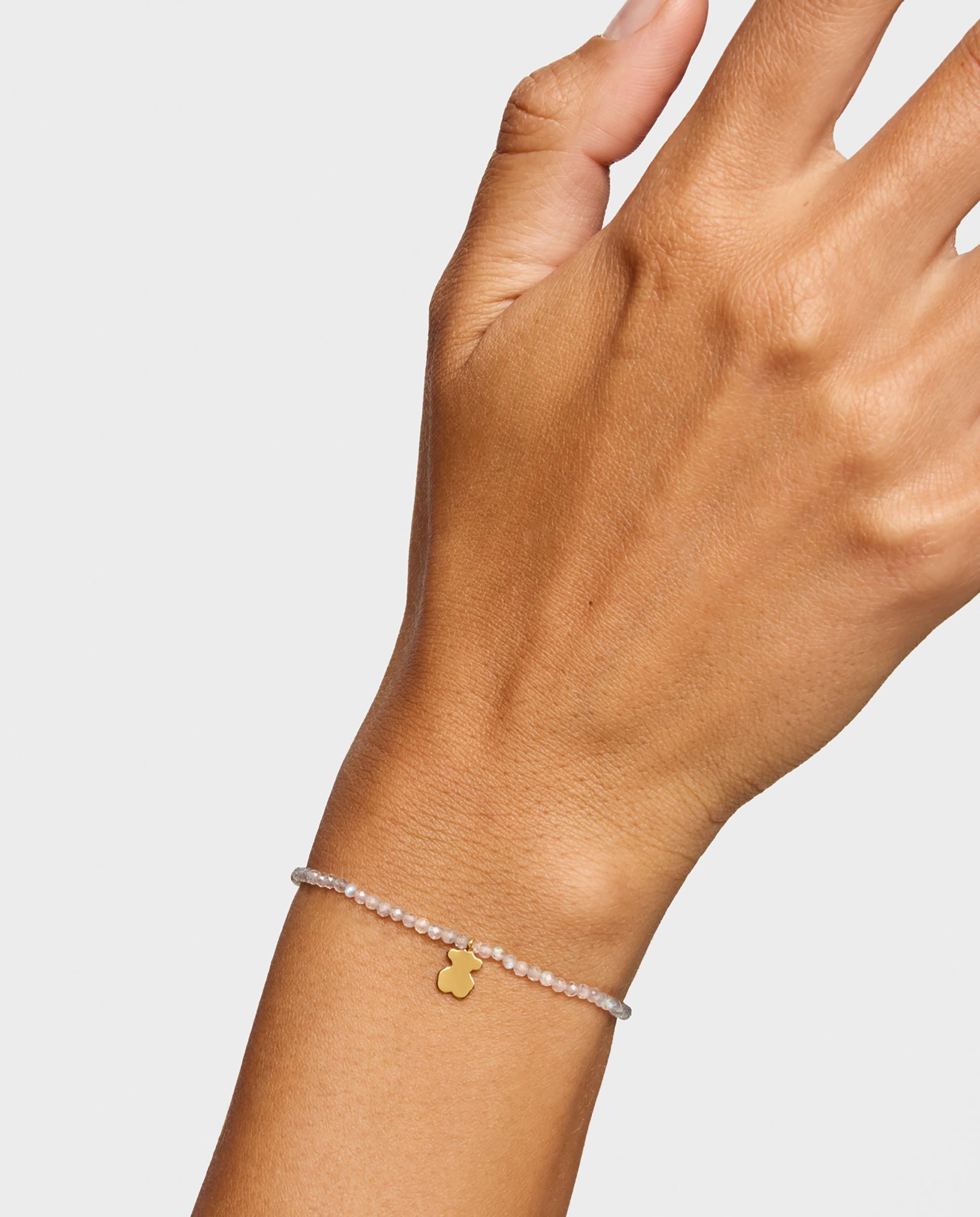 Pulseira com Charms Motivos Elástica com Labradorita em Cinzento e Urso Banhado em Ouro 18 Kt Sobre Prata Cinzento-6