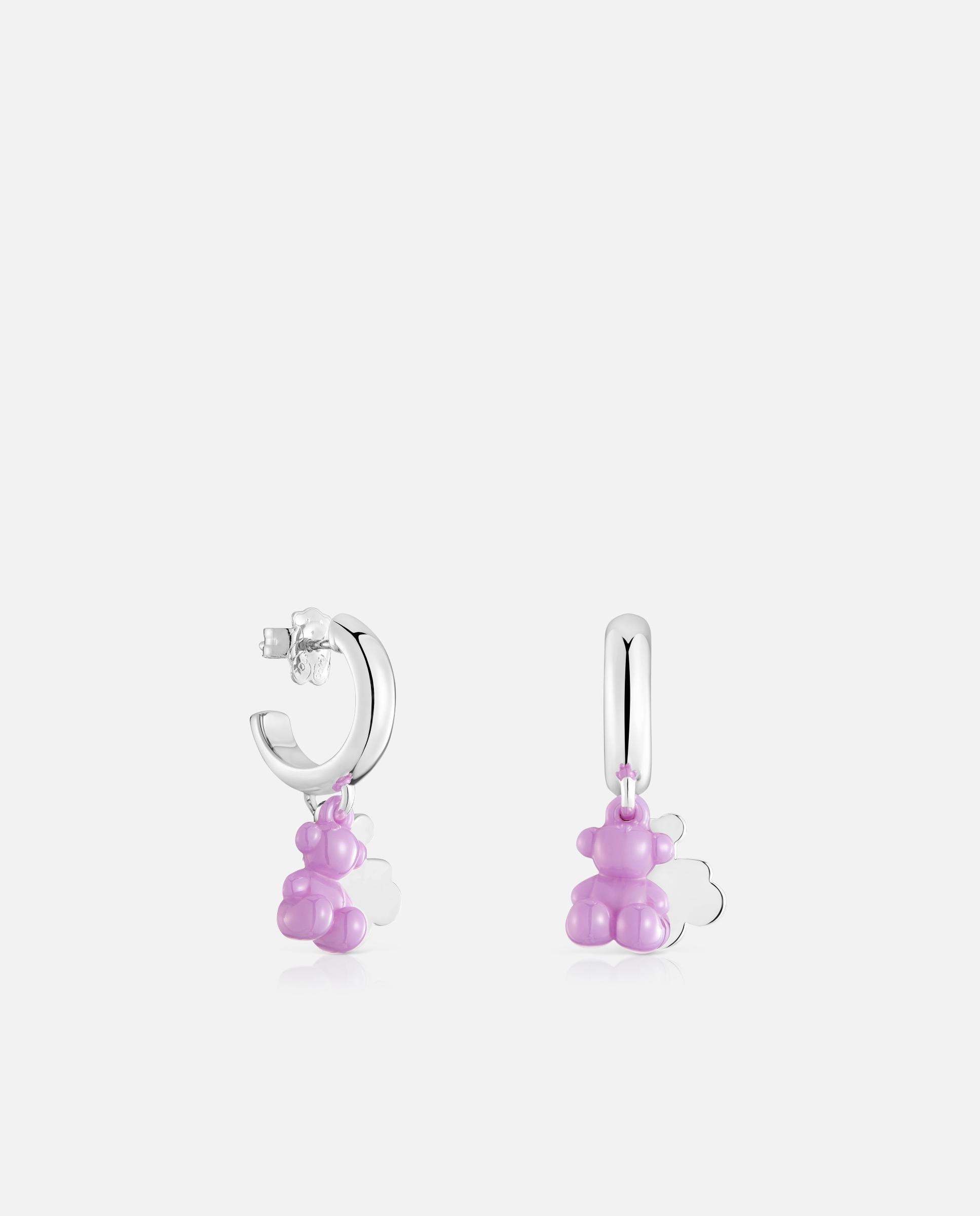 Brincos de Aro em Prata com Cerâmica Lilás e Duplo Urso Bold Bear Lilás-1