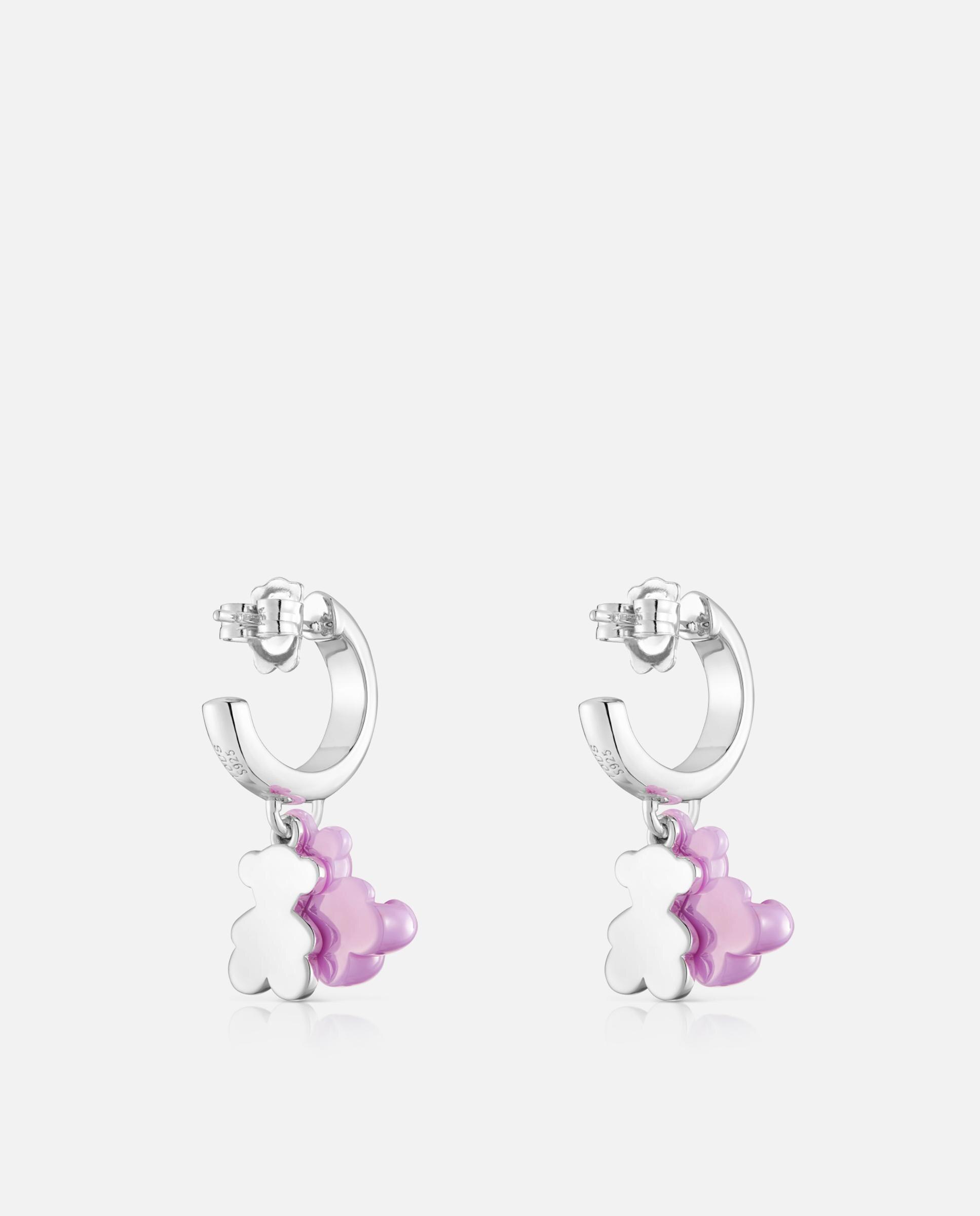 Brincos de Aro em Prata com Cerâmica Lilás e Duplo Urso Bold Bear Lilás-3