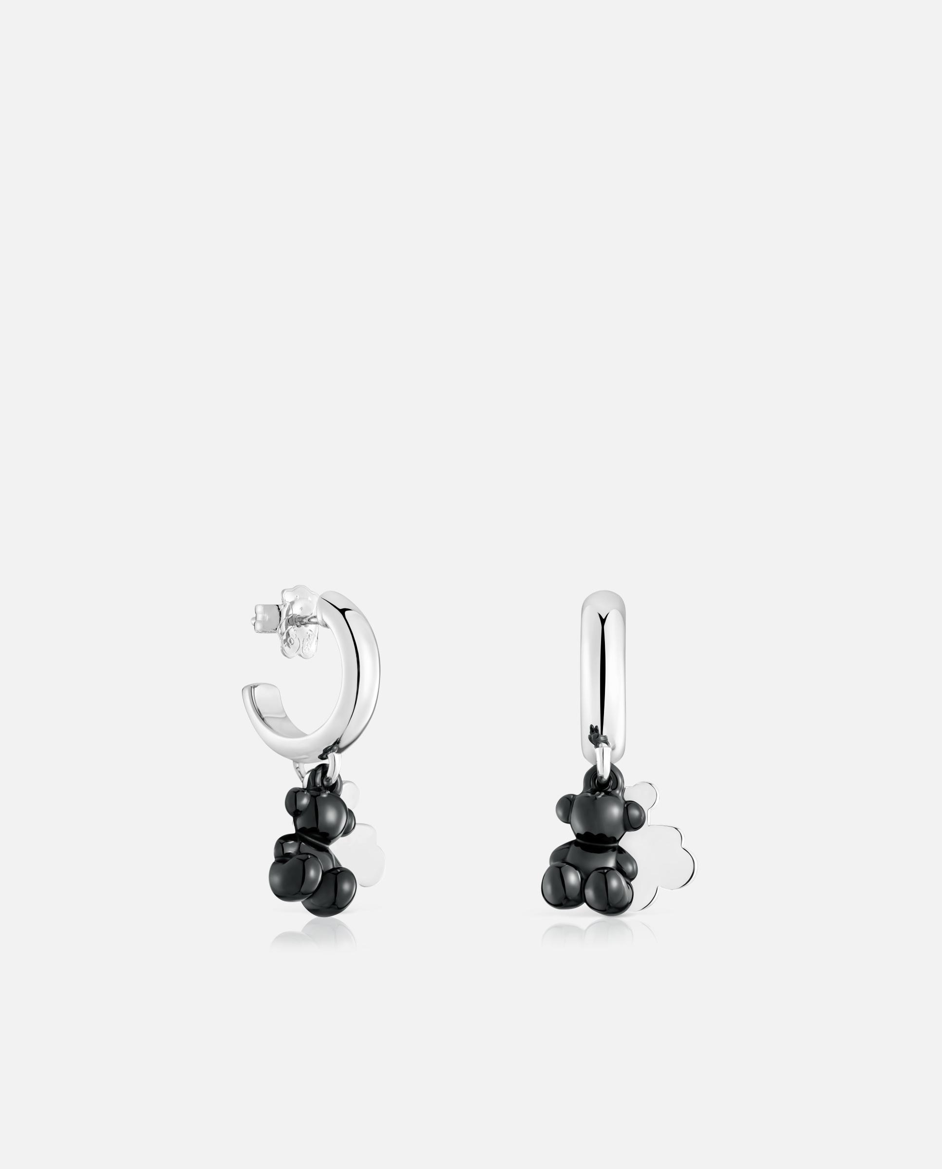 Brincos de Argola em Prata com Cerâmica Preta e Duplo Urso Bold Bear Preto-1